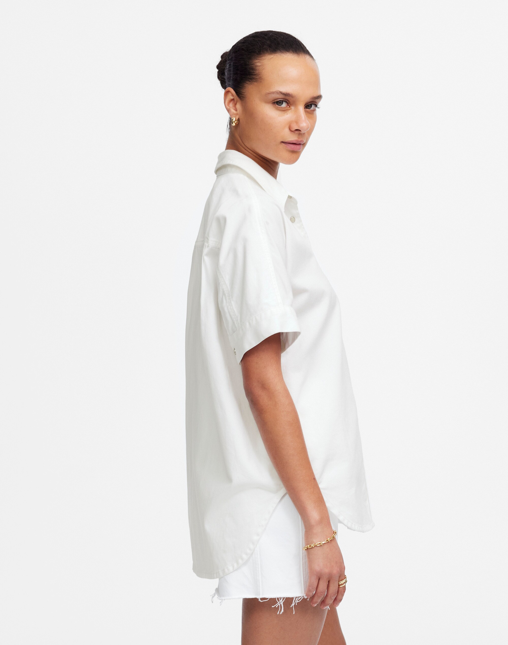 Denim Short-Sleeve Shirt in Pure White