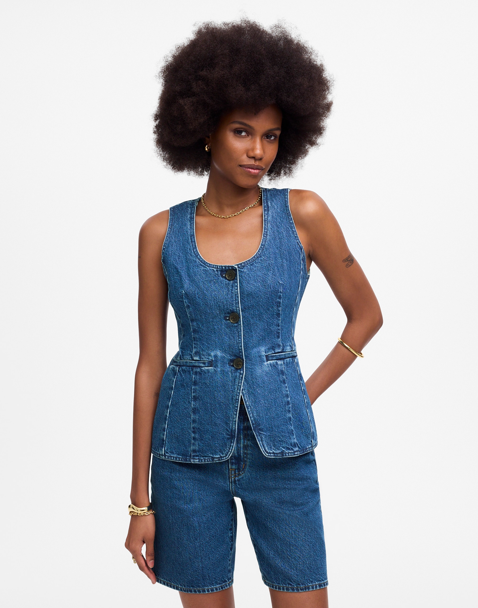 Denim Scoopneck Cutaway Vest in Dowe Wash