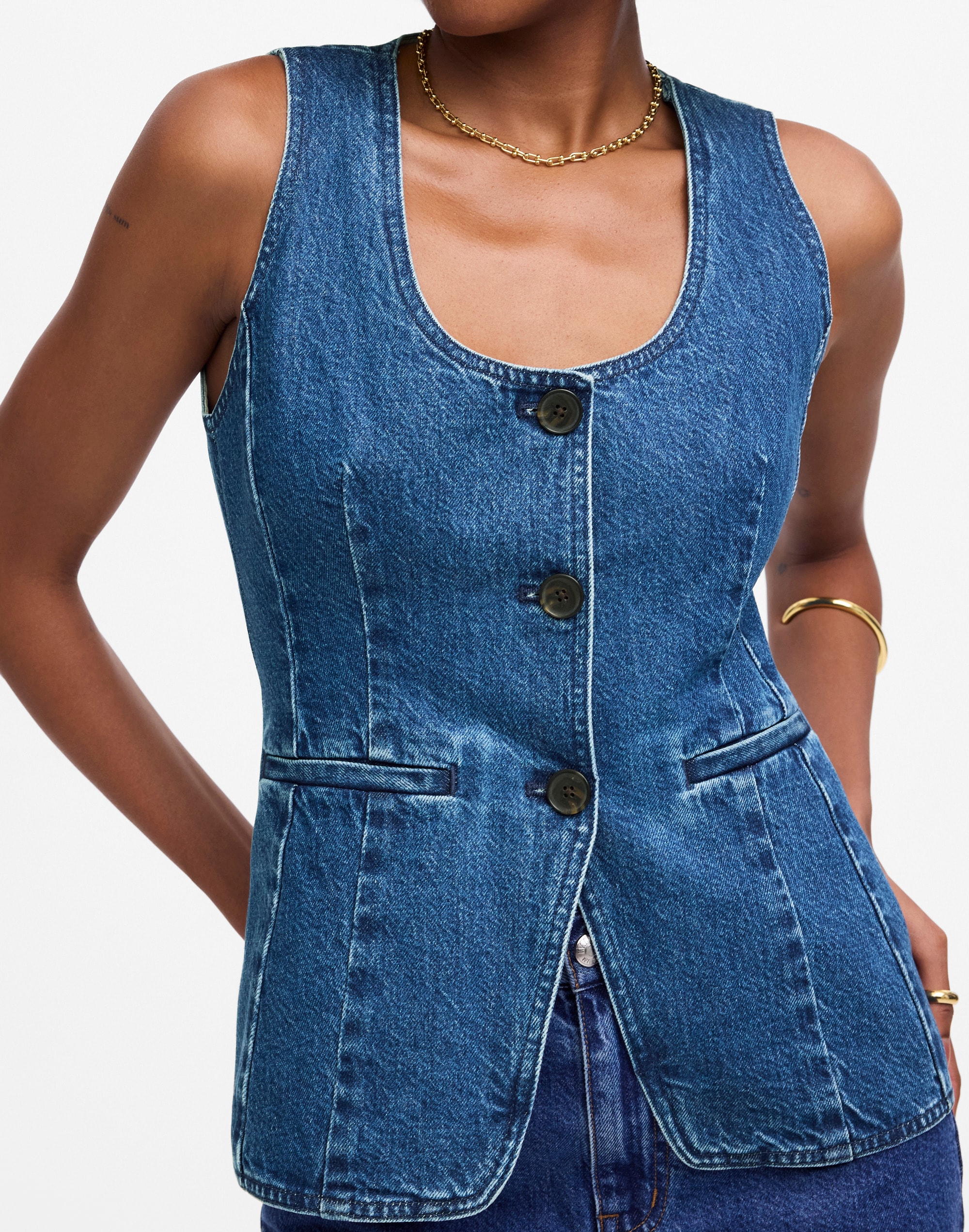 Denim Scoopneck Cutaway Vest in Dowe Wash
