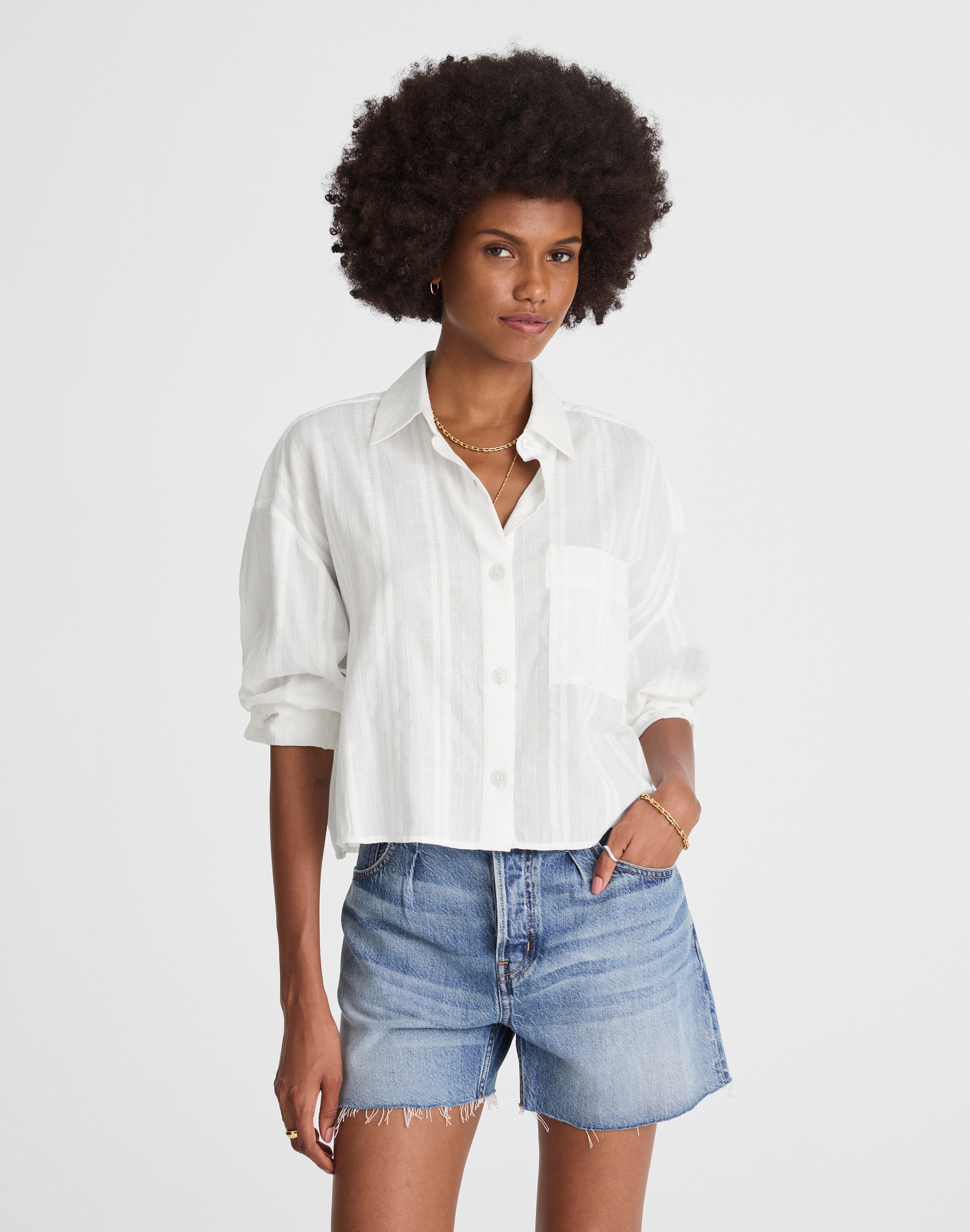 Straight-Hem Shirt in Cotton Dobby