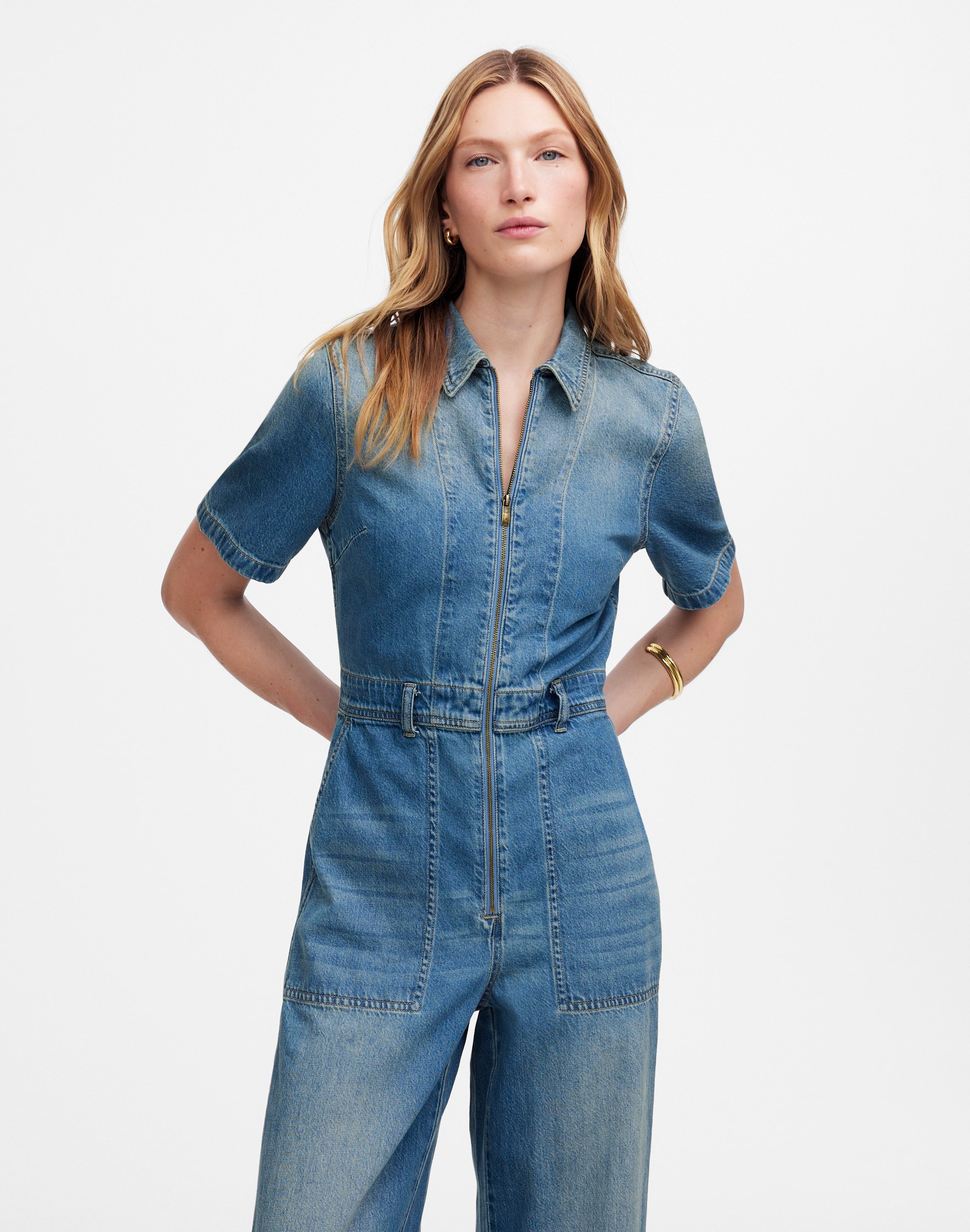 Zip-Front Denim Coveralls in Robertson Wash