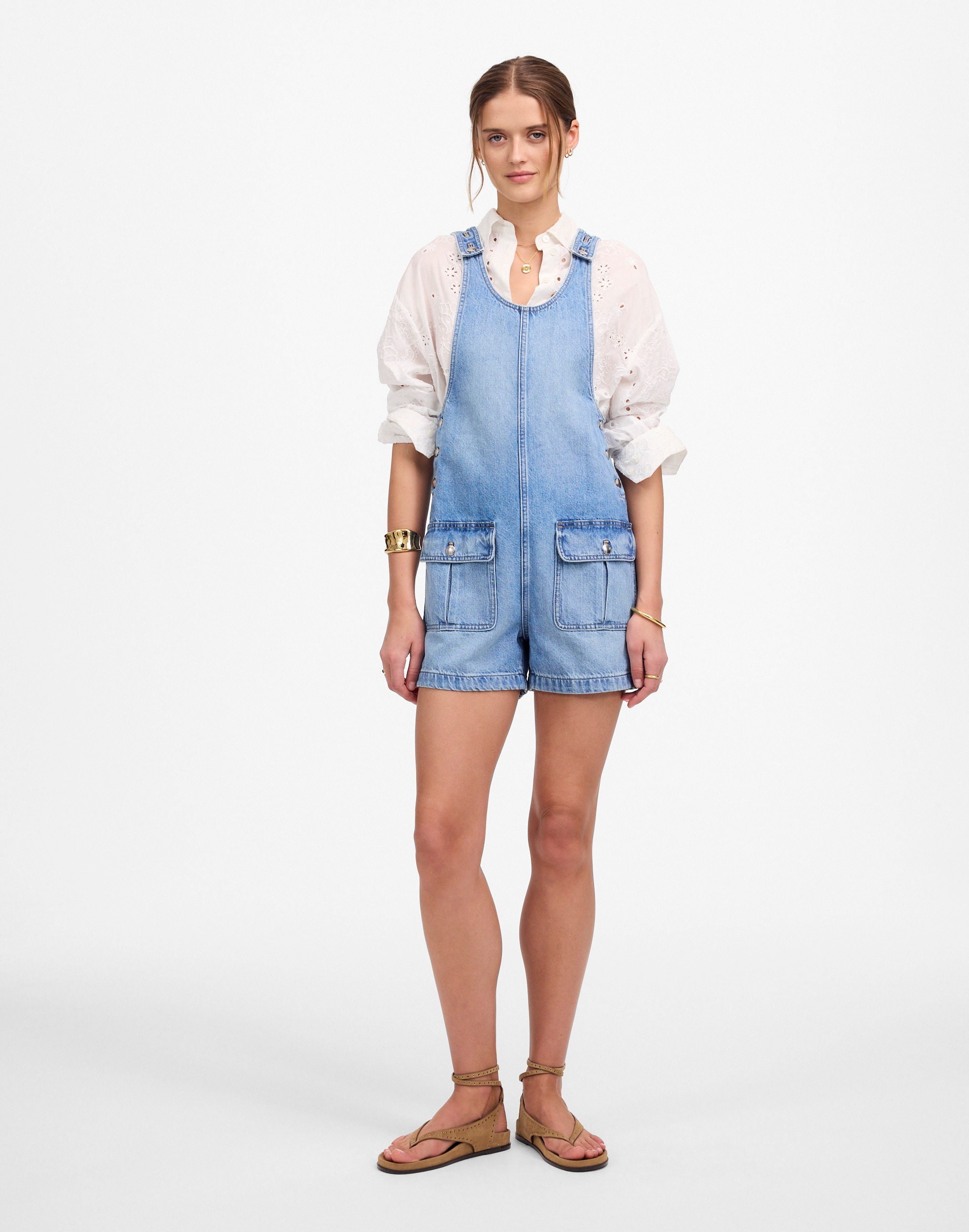 Scoopneck Denim Shortalls in Allenwood Wash Alternate Image 1