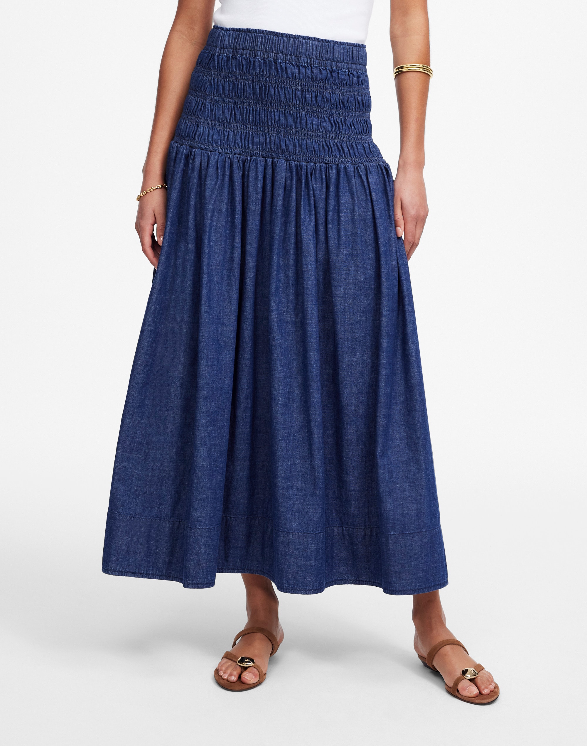 Smocked-Waist Denim Midi Skirt