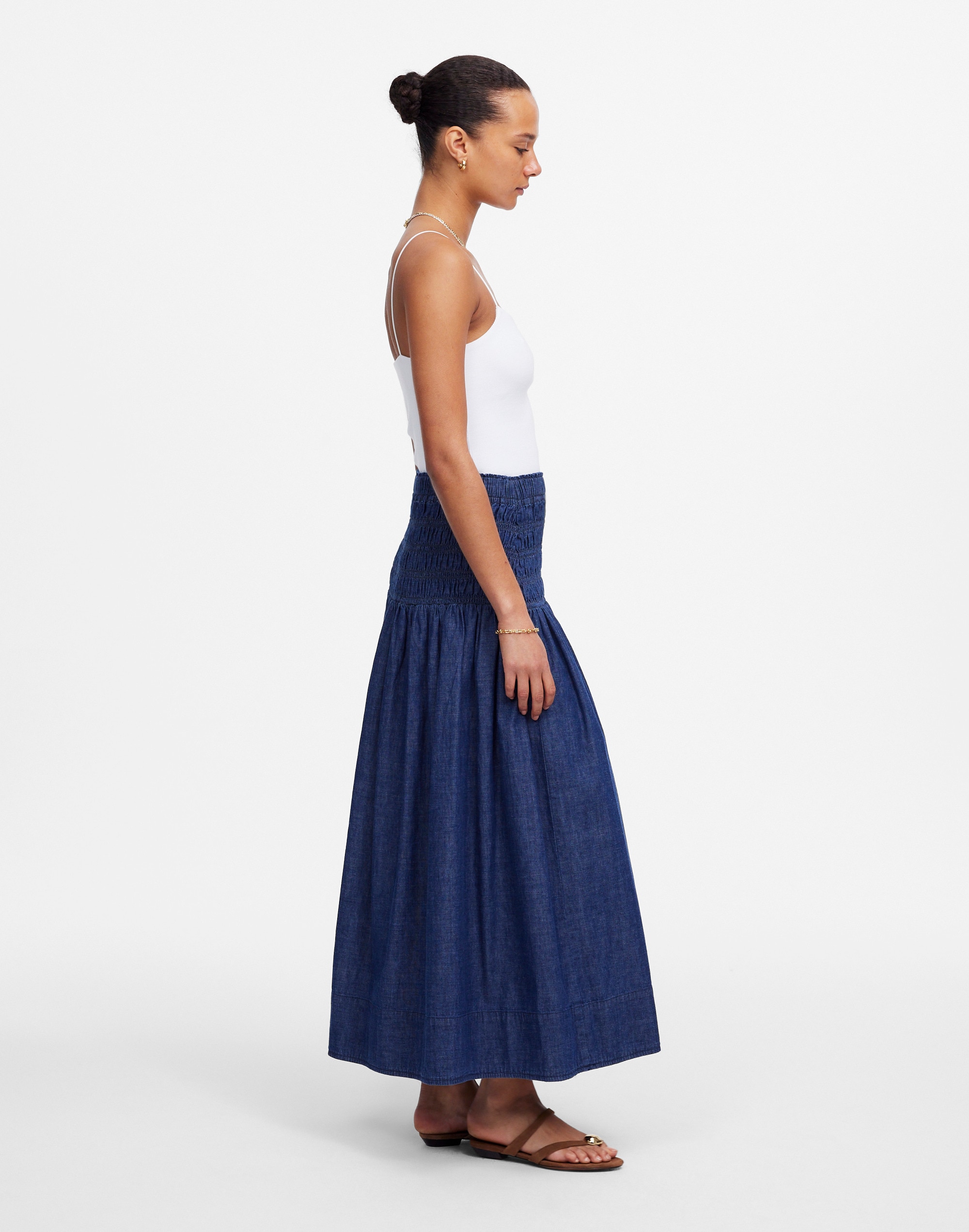 Smocked-Waist Denim Midi Skirt in Rinse Wash Alternate Image 3