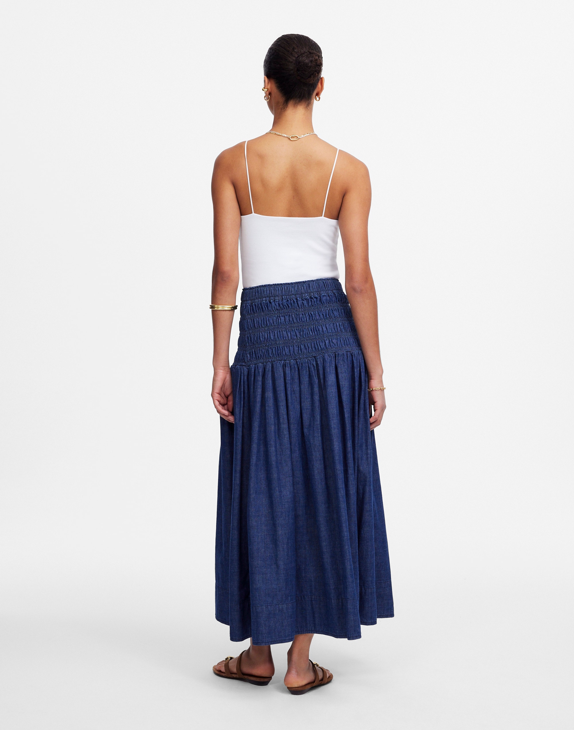 Smocked-Waist Denim Midi Skirt in Rinse Wash Alternate Image 4