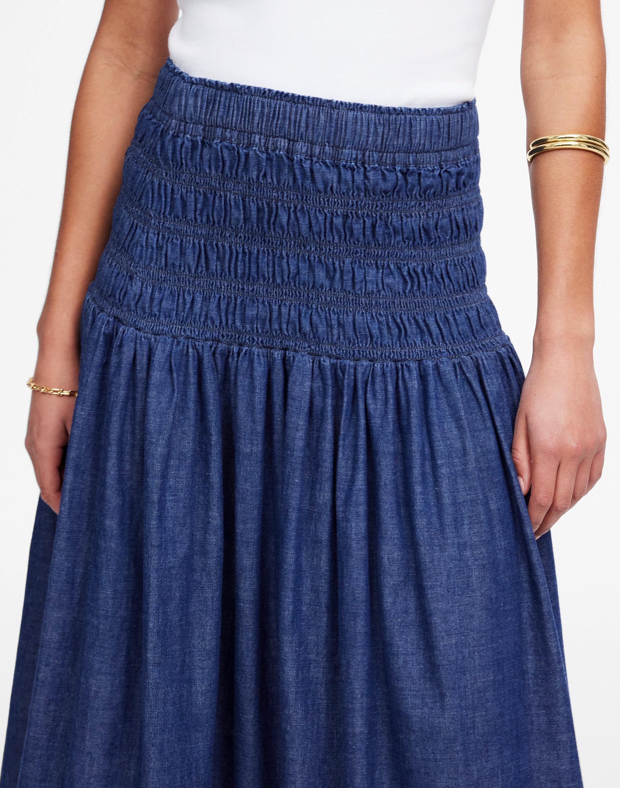 Smocked-Waist Denim Midi Skirt