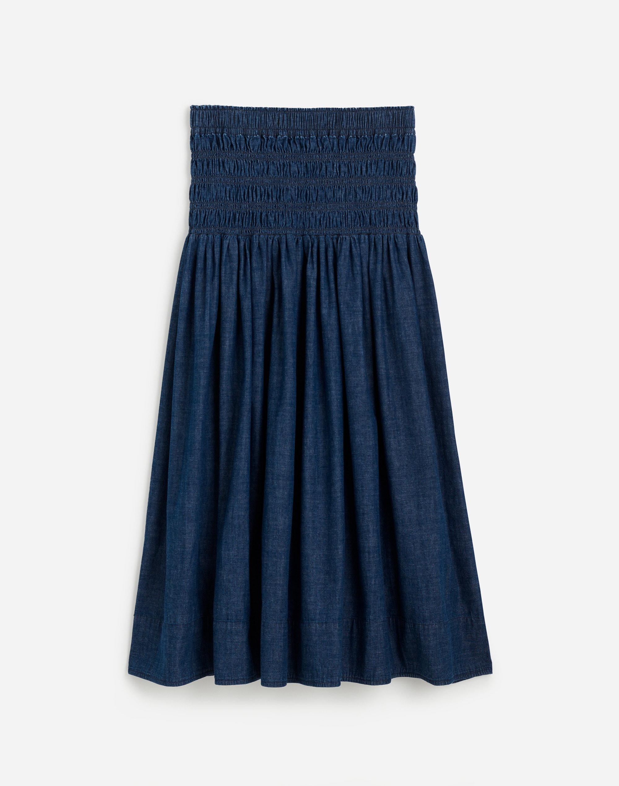 Smocked-Waist Denim Midi Skirt in Rinse Wash