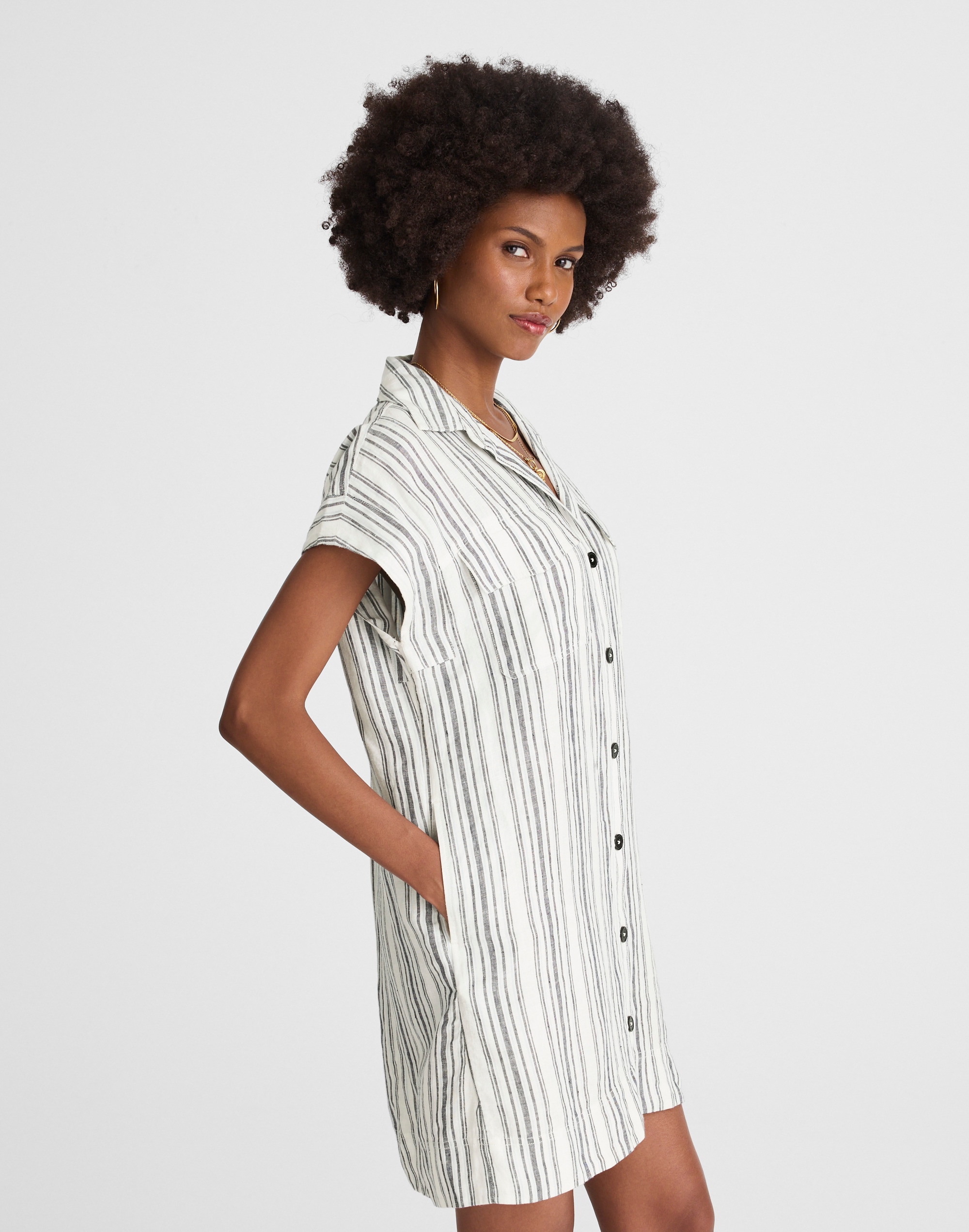 Utility Short-Sleeve Mini Shirtdress in 100% Linen