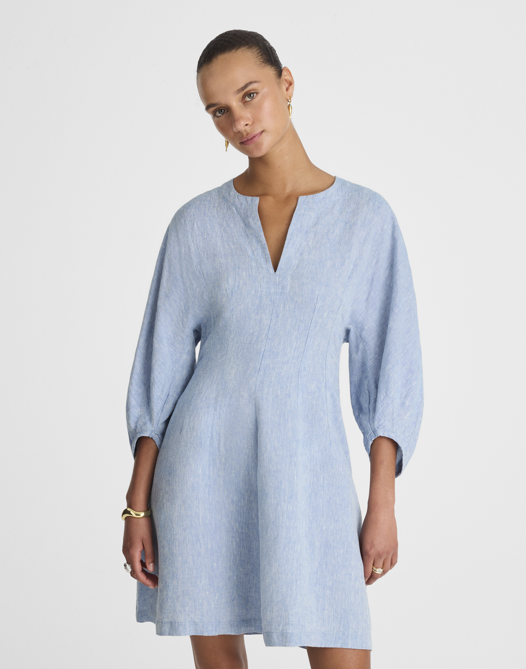 Splitneck Mini Dress in 100% Linen