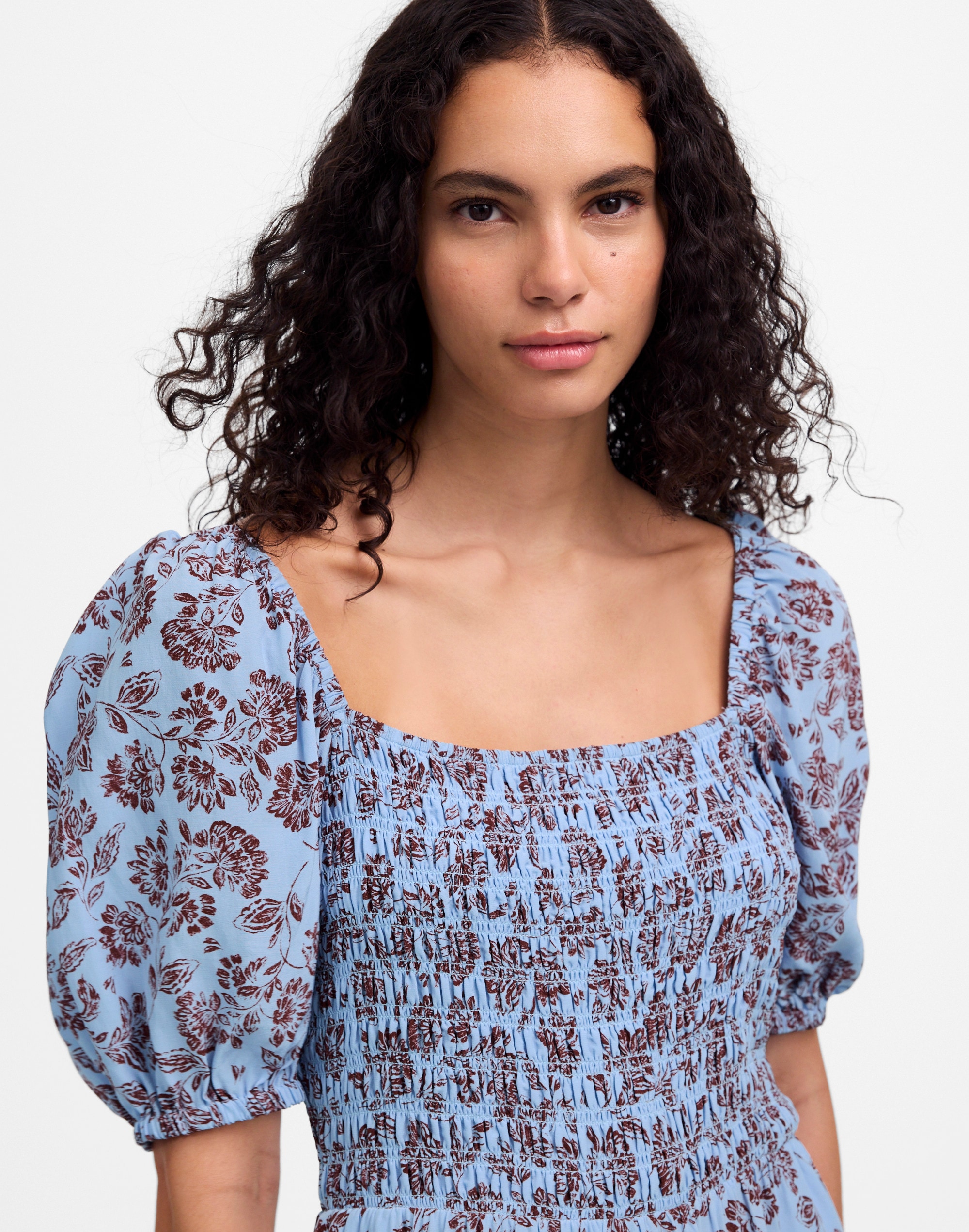 Smocked Puff-Sleeve Dress in Floral