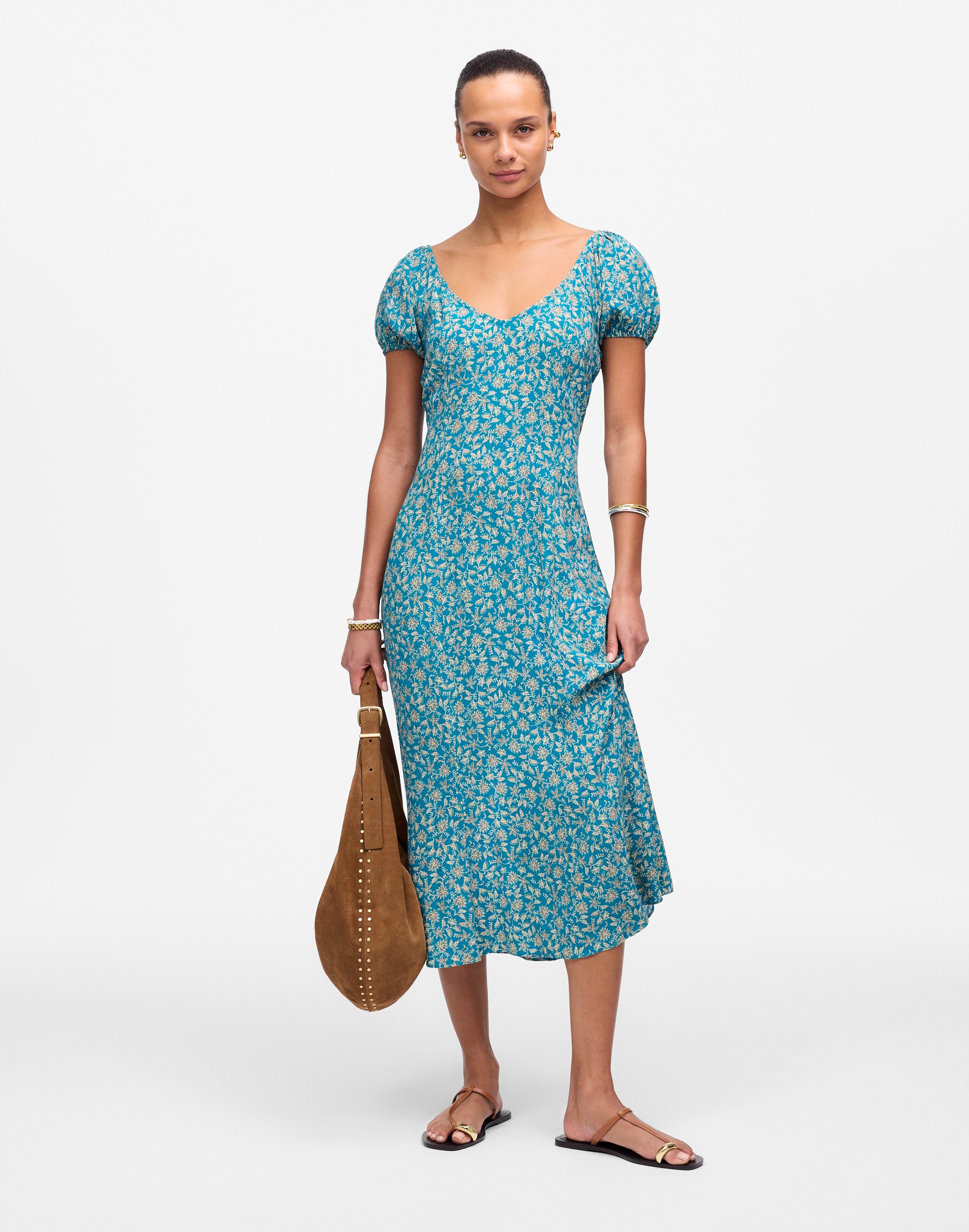 Cap-Sleeve Midi Dress in Floral