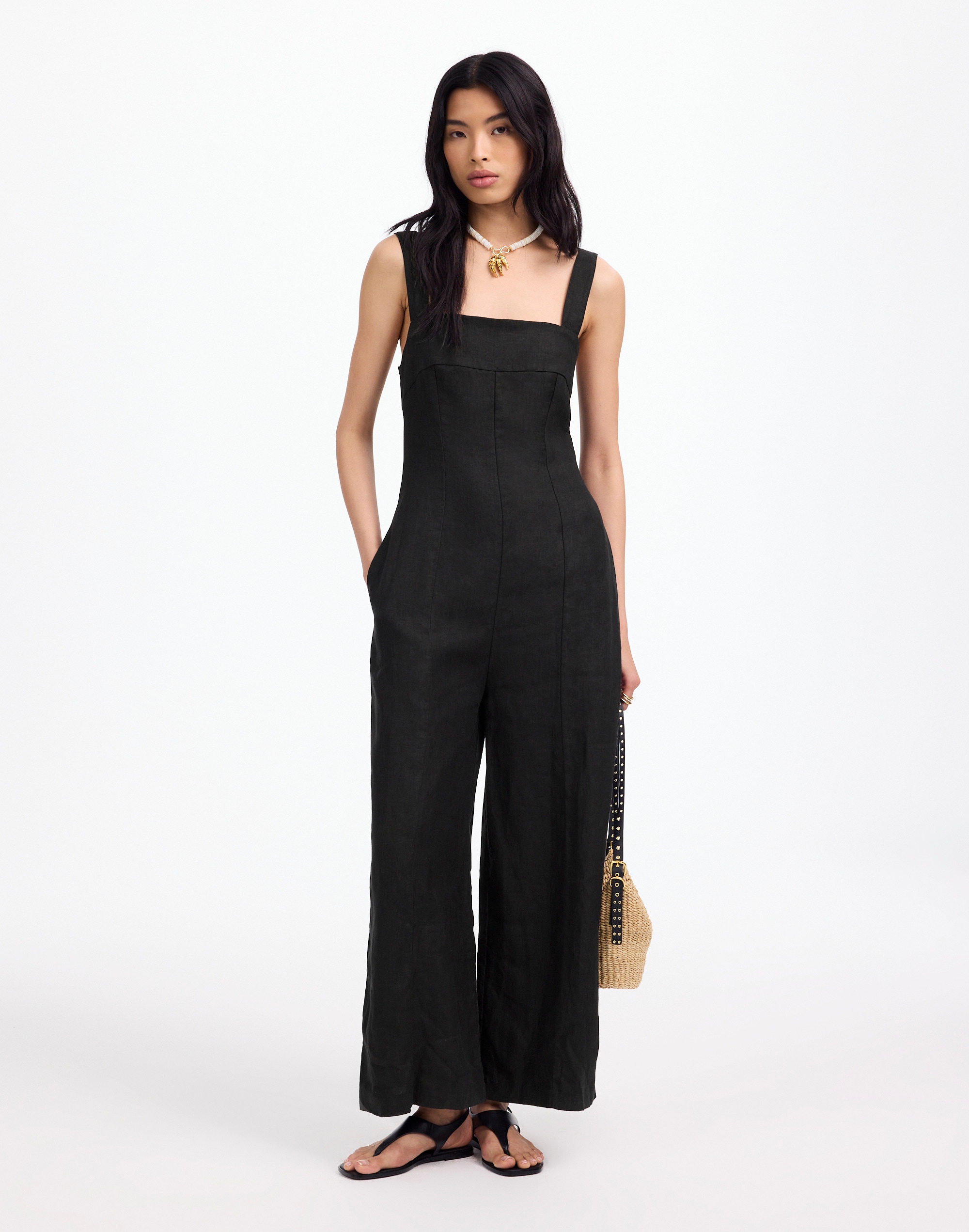 Squareneck Wide-Leg Jumpsuit in 100% Linen