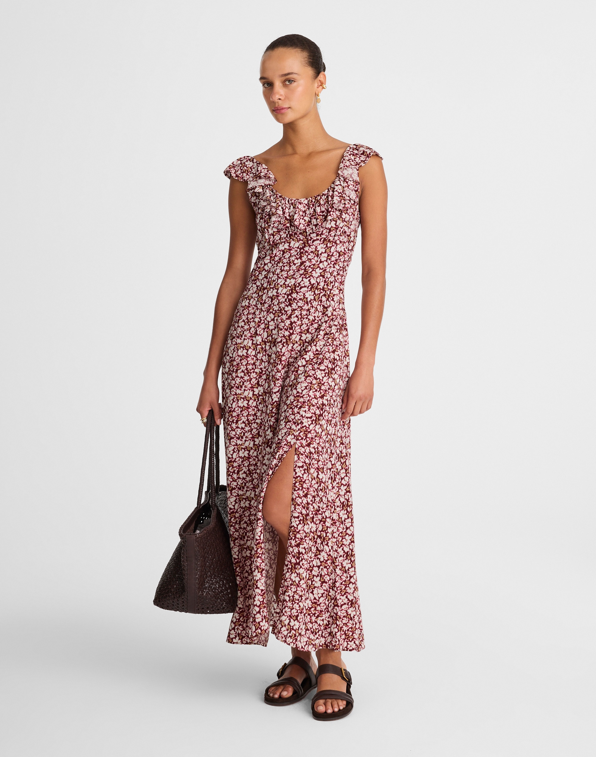 ruffled scoopneck maxi dress in floral