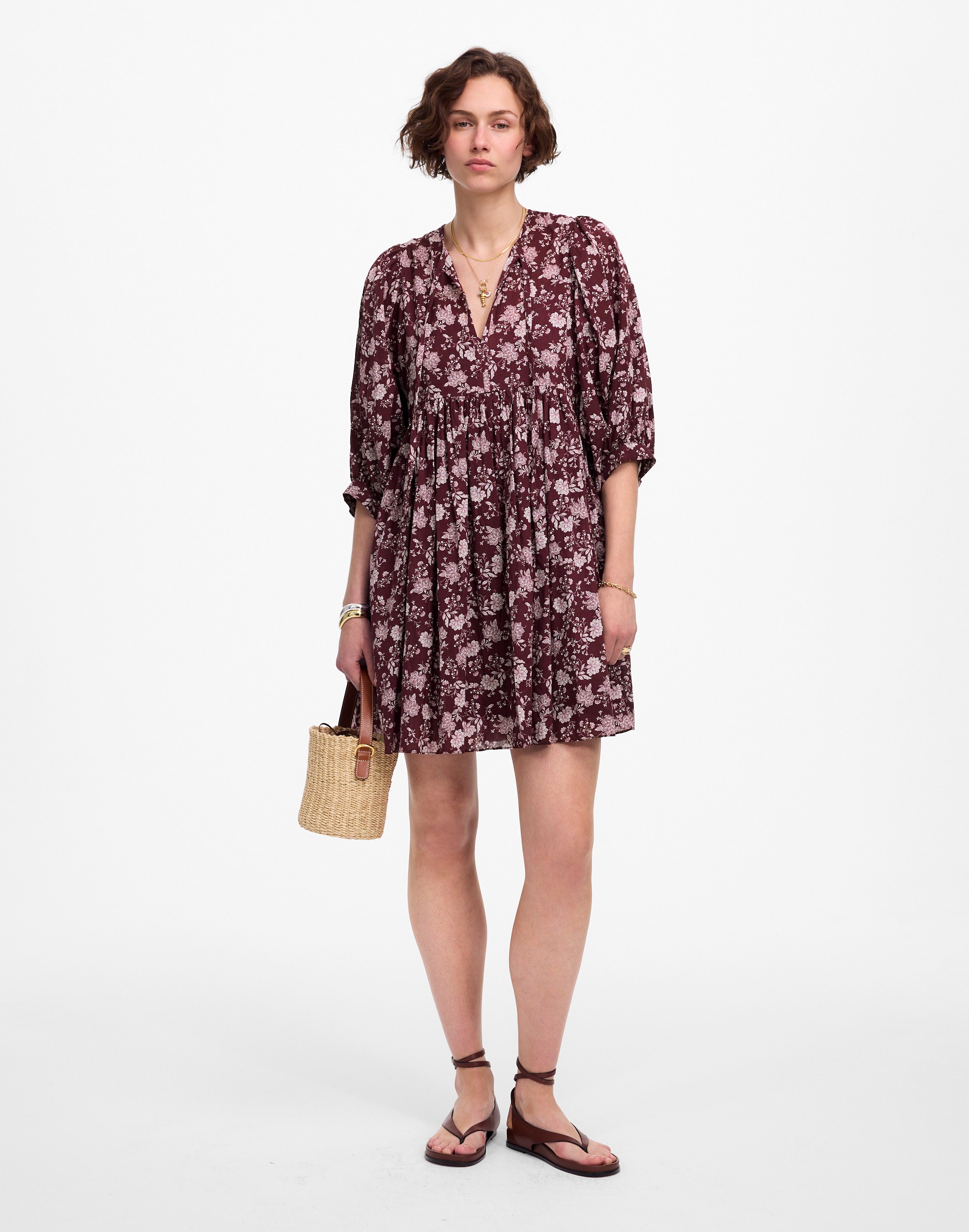 Splitneck Puff-Sleeve Dress in Floral