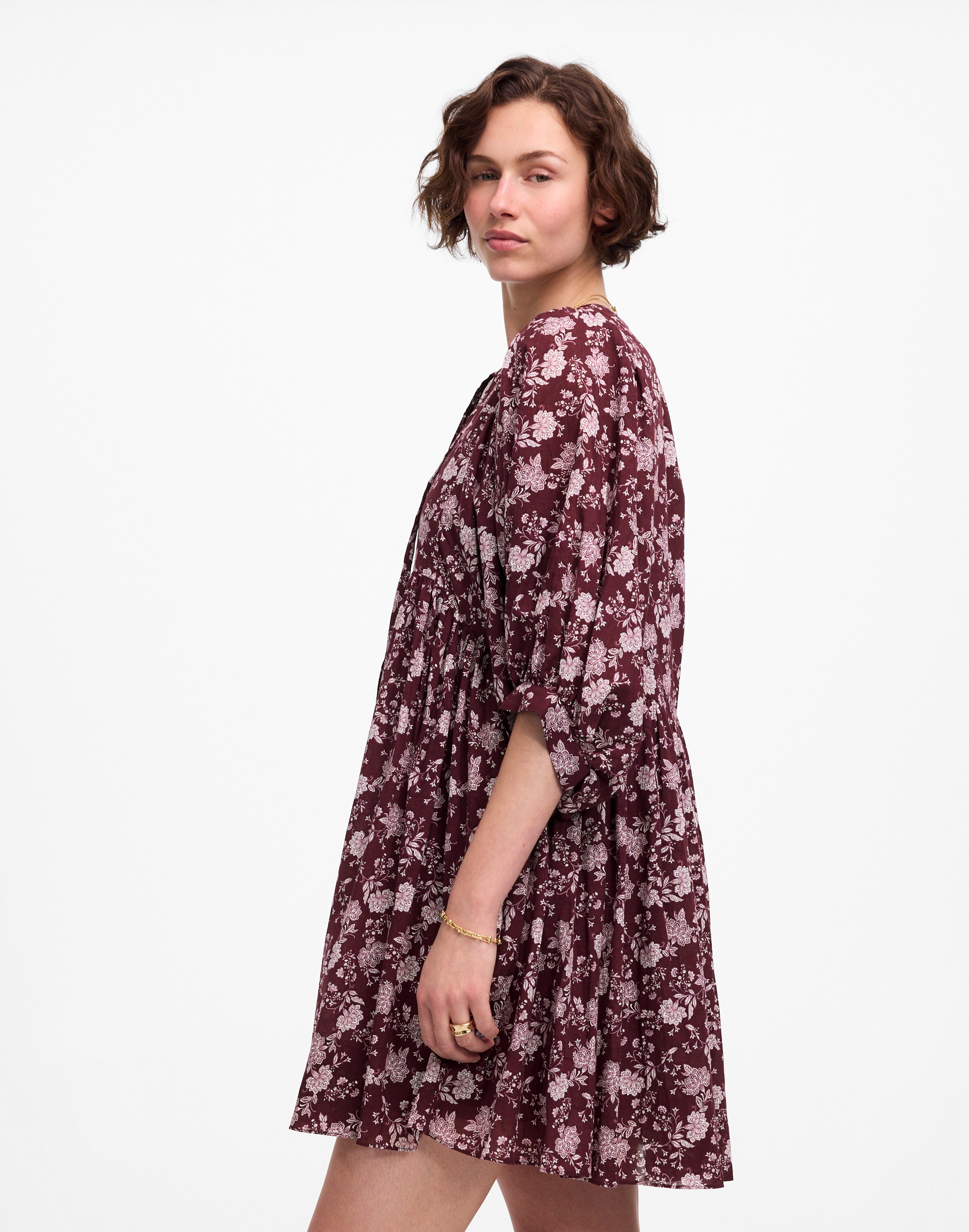 Splitneck Puff-Sleeve Dress in Floral