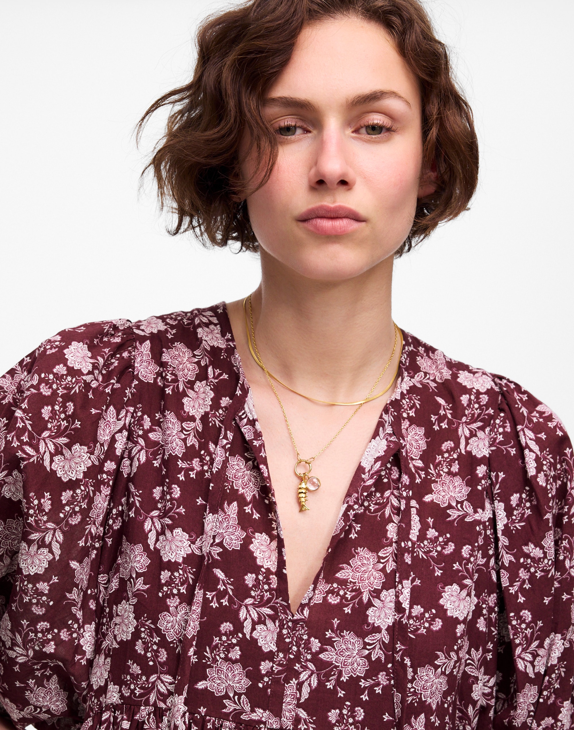 Splitneck Puff-Sleeve Dress in Floral