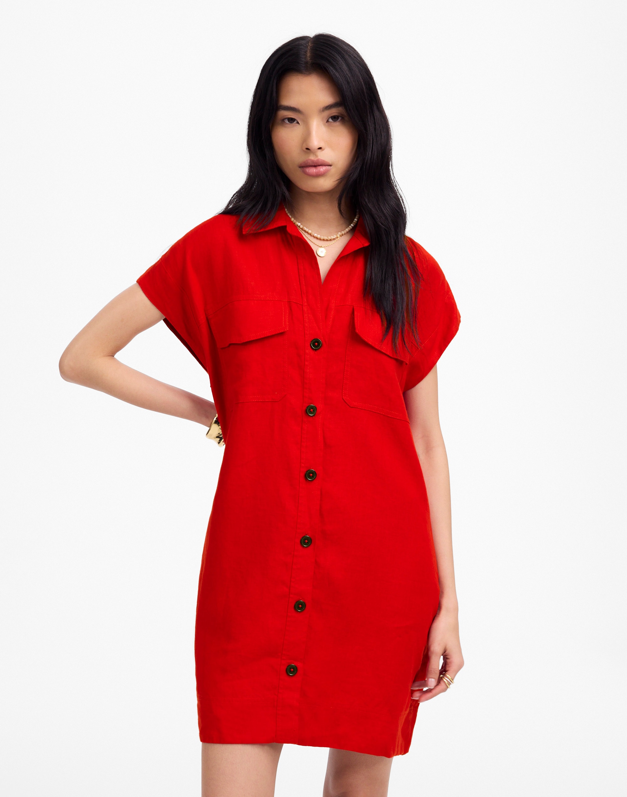 Utility Short-Sleeve Mini Shirtdress in 100% Linen