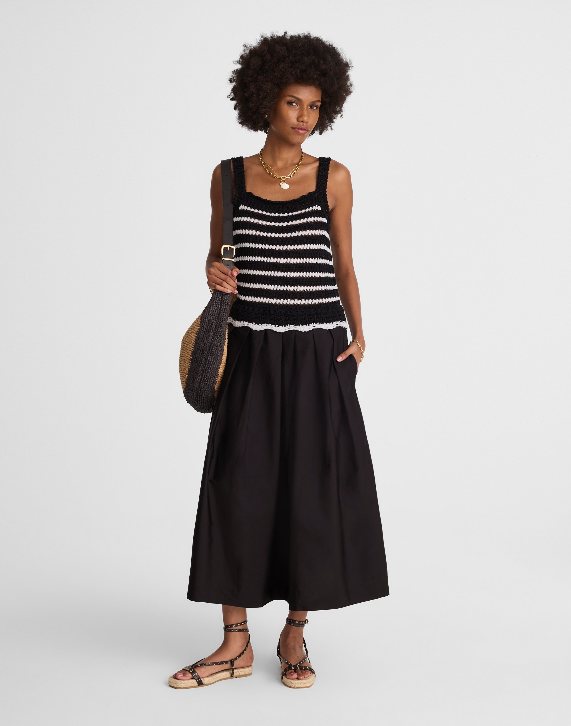 Poplin Crocheted Knit Midi Dress