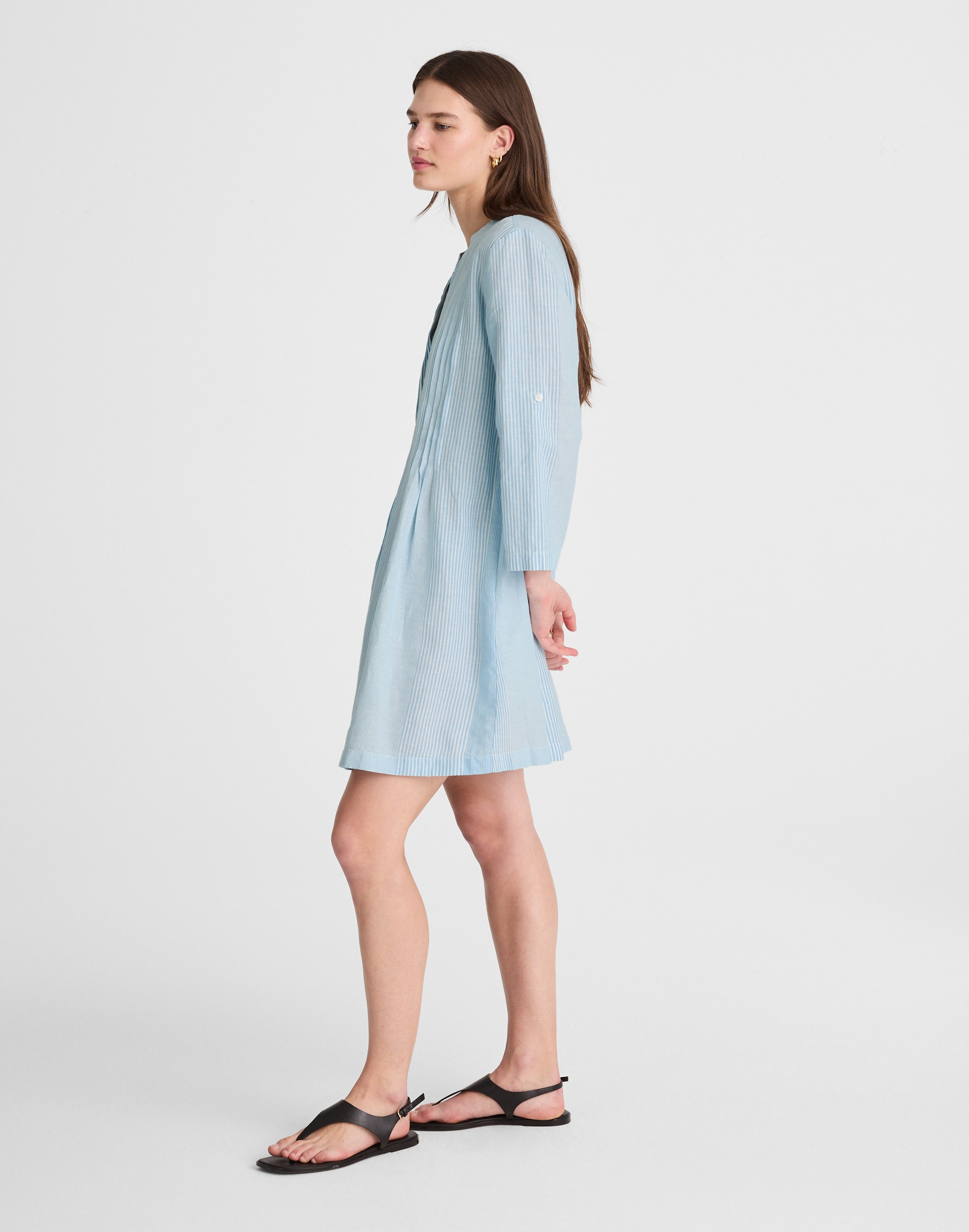 Pleated Splitneck Mini Shirtdress in Stripe