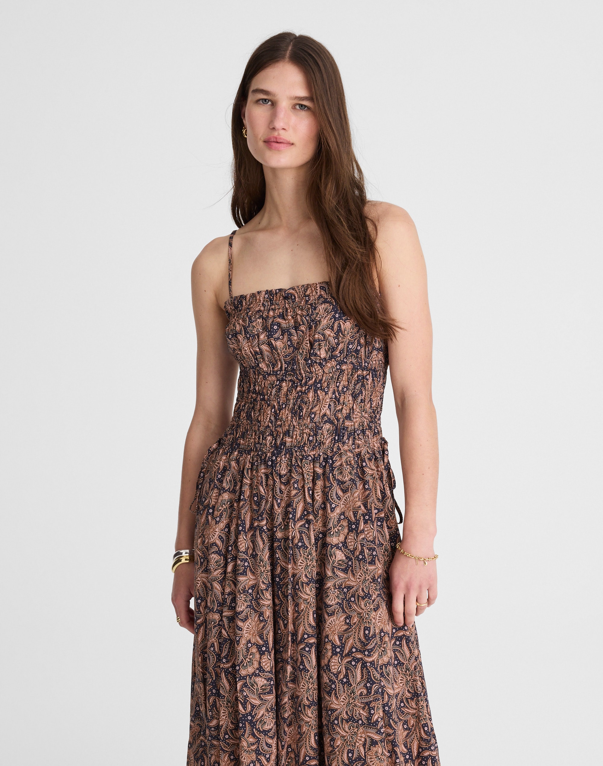 Smocked Bubble-Hem Midi Dress in Paisley