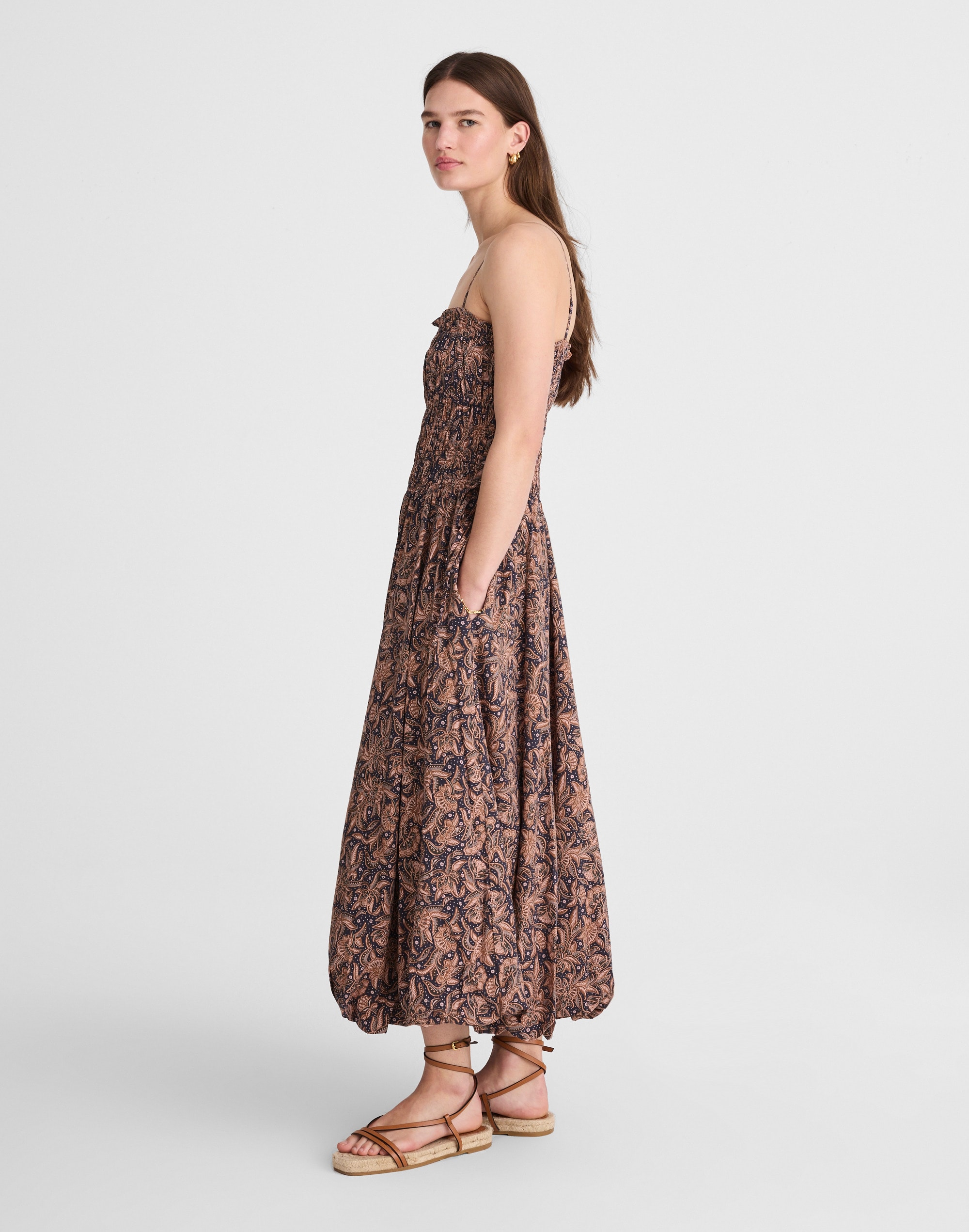 Smocked Bubble-Hem Midi Dress in Paisley