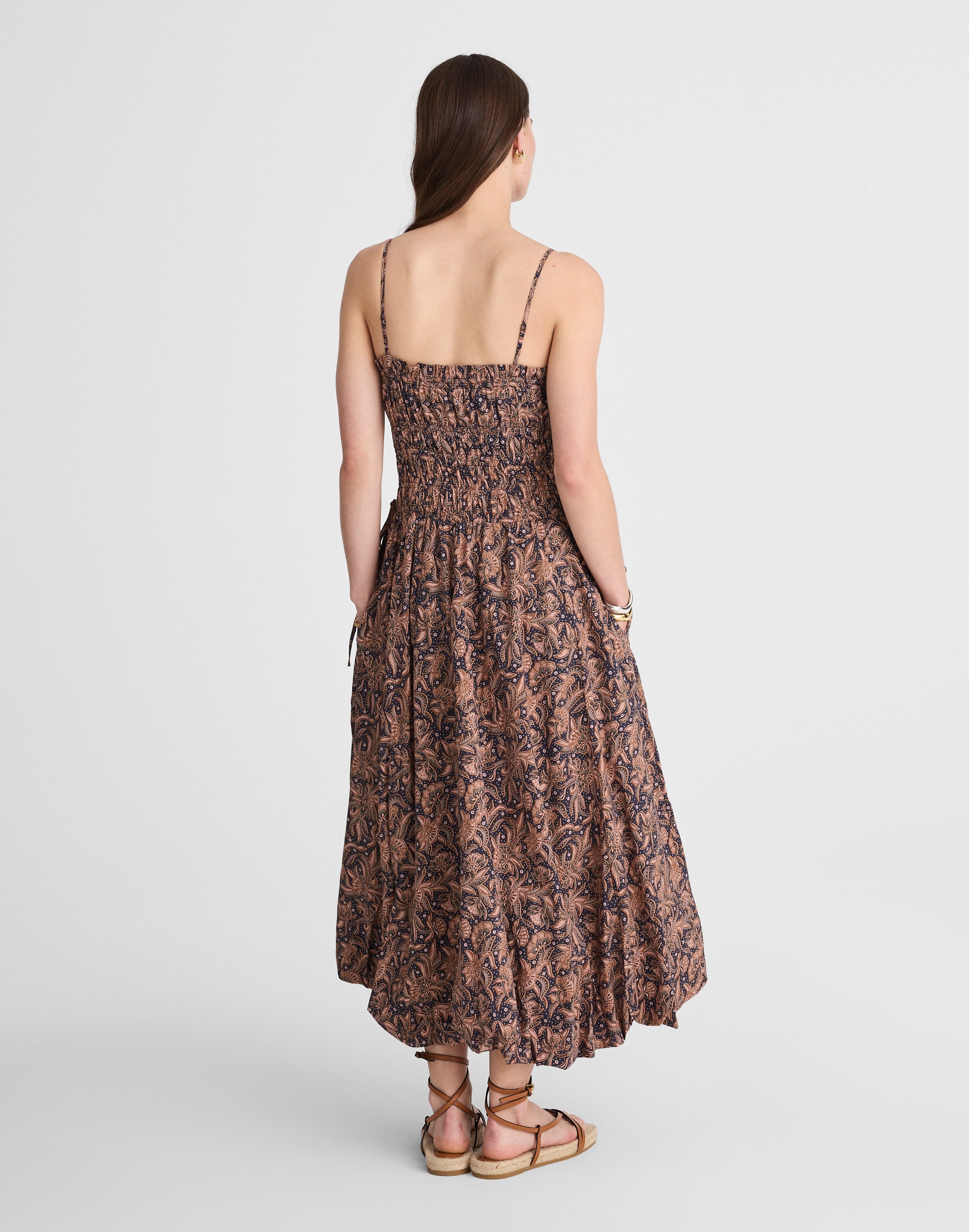 Smocked Bubble-Hem Midi Dress in Paisley