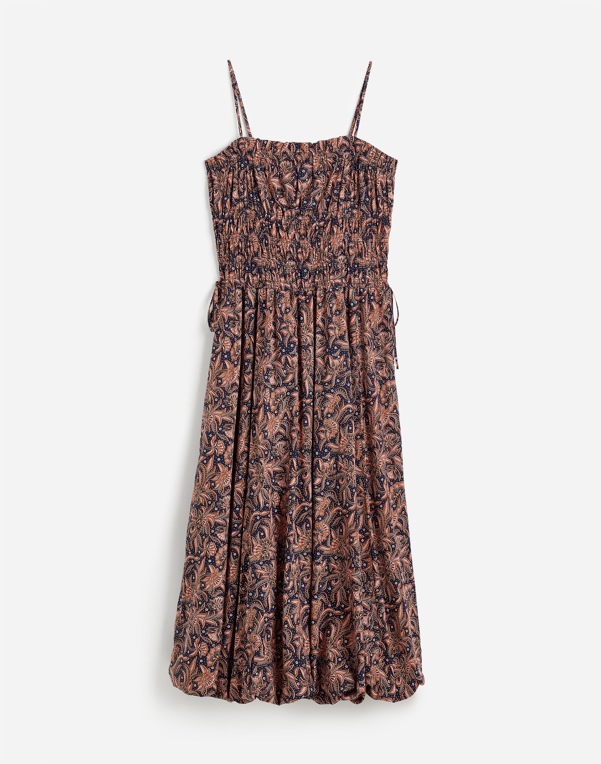 Smocked Bubble-Hem Midi Dress in Paisley