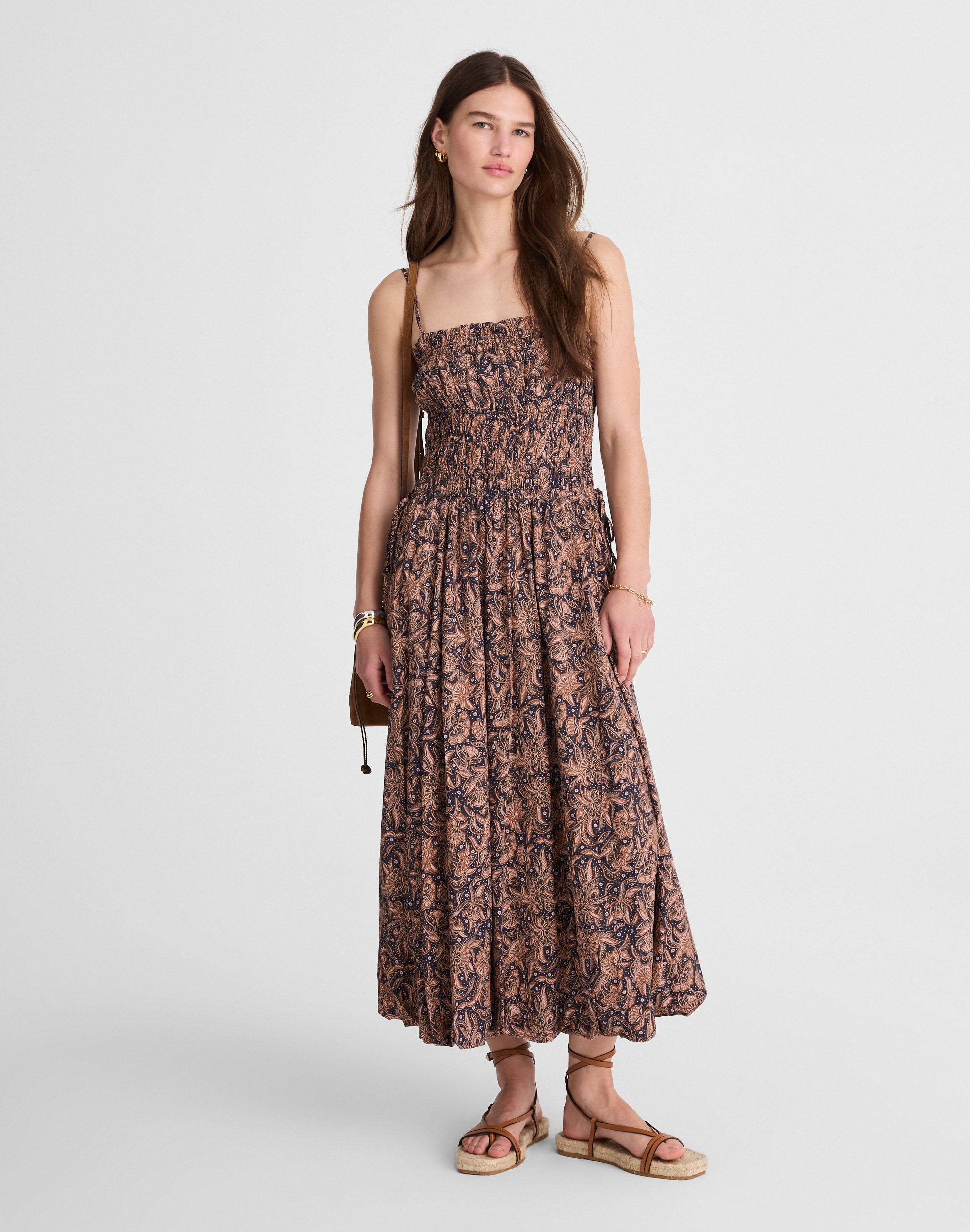 smocked bubble-hem midi dress in paisley