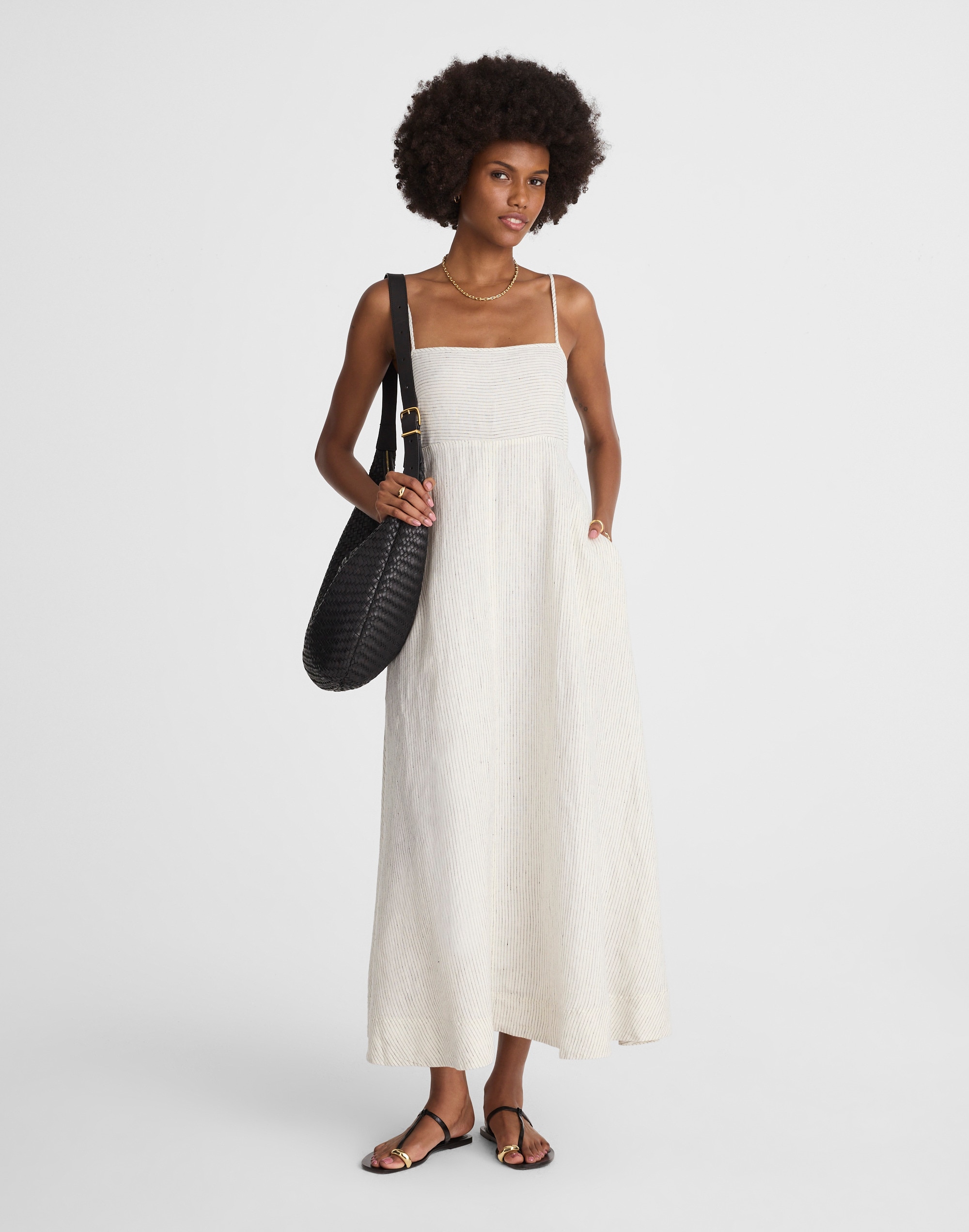 Striped Empire-Waist Midi Dress in 100% Linen