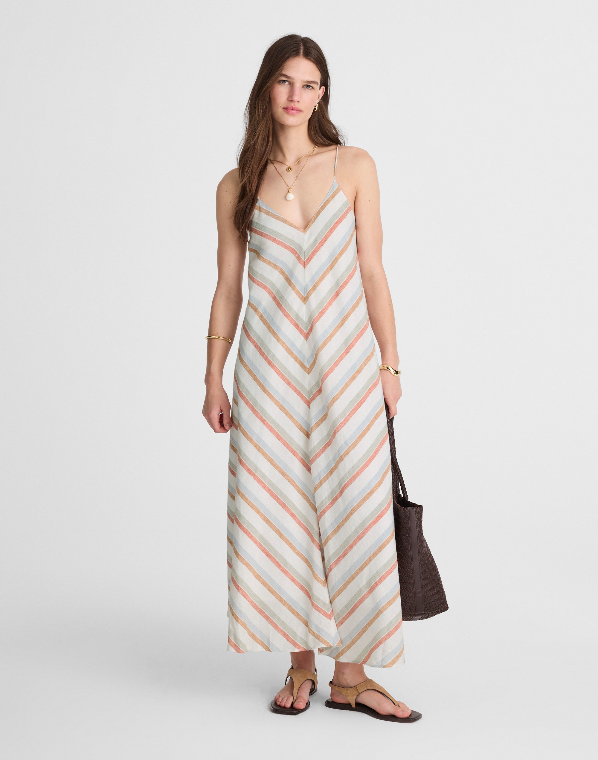 striped v-neck midi dress in 100% linen