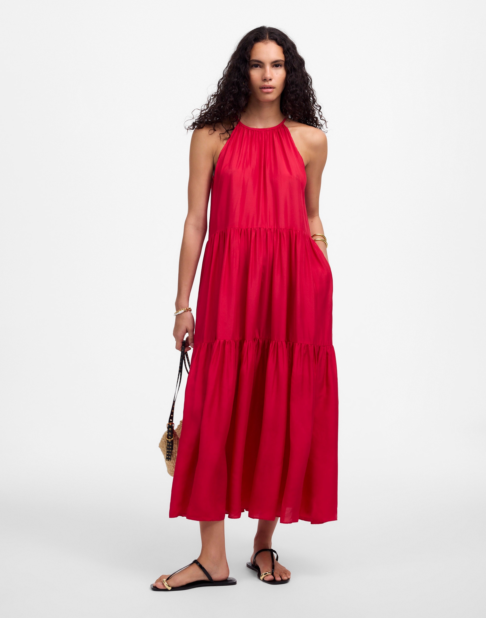 Habotai Silk Tiered Halter Dress