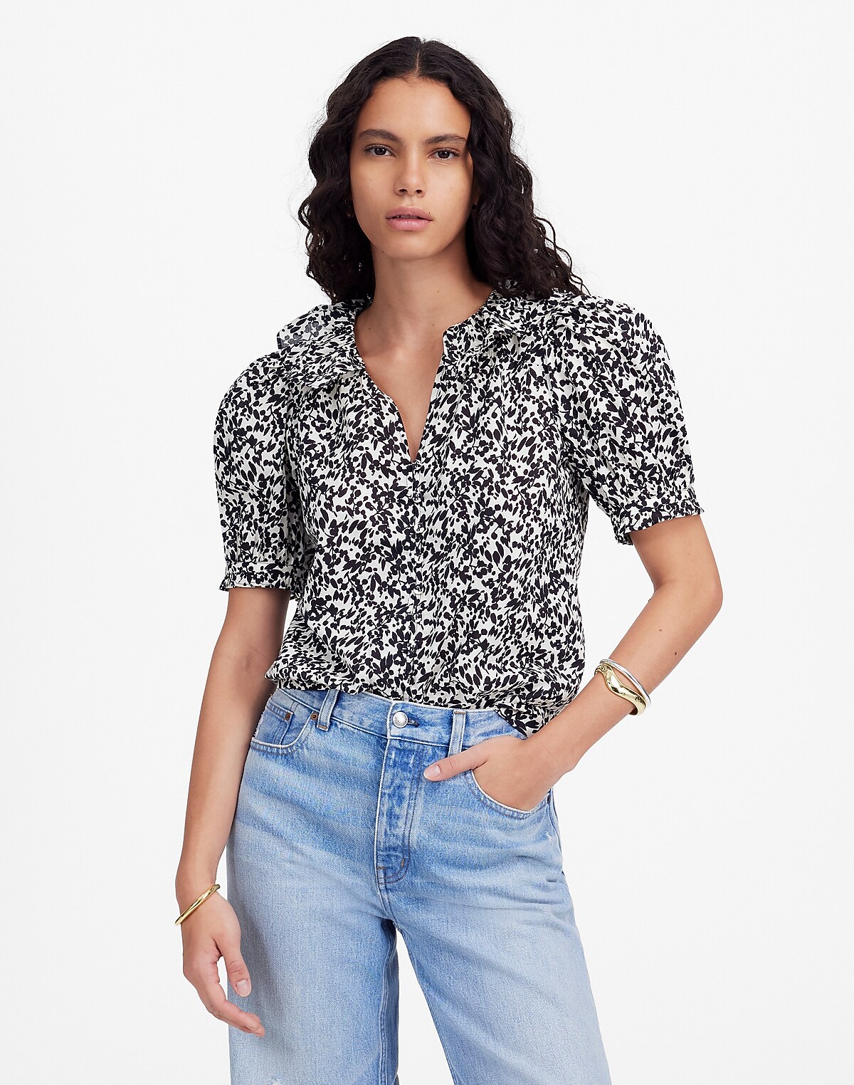 Ruffled Button-Front Top in Floral