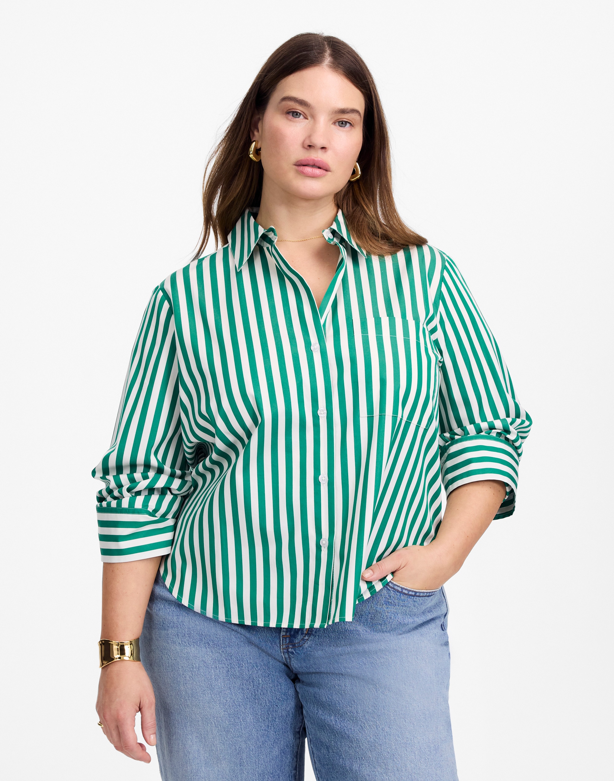 Plus Poplin Easy Y-Neck Button-Up Shirt