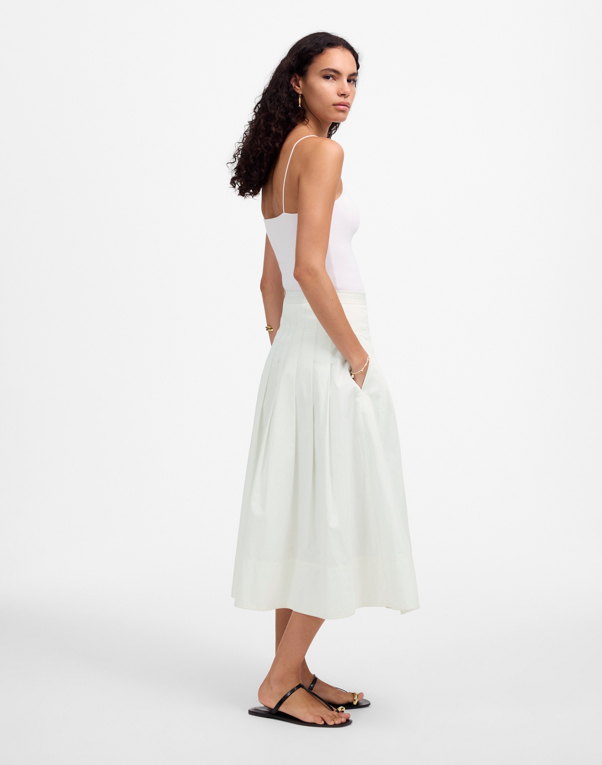 Pleated Midi Skirt in Cotton Poplin