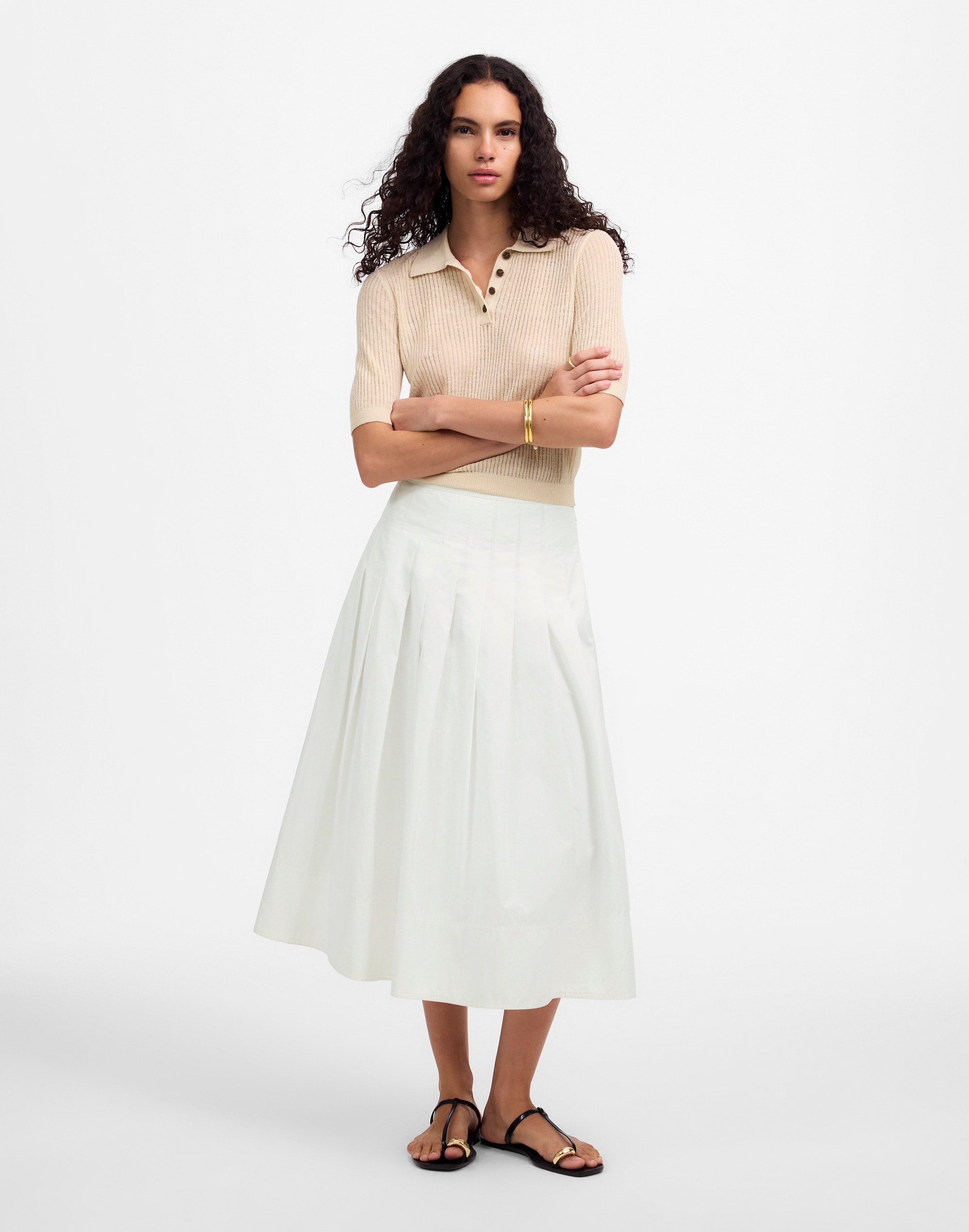 Pleated Midi Skirt in Cotton Poplin