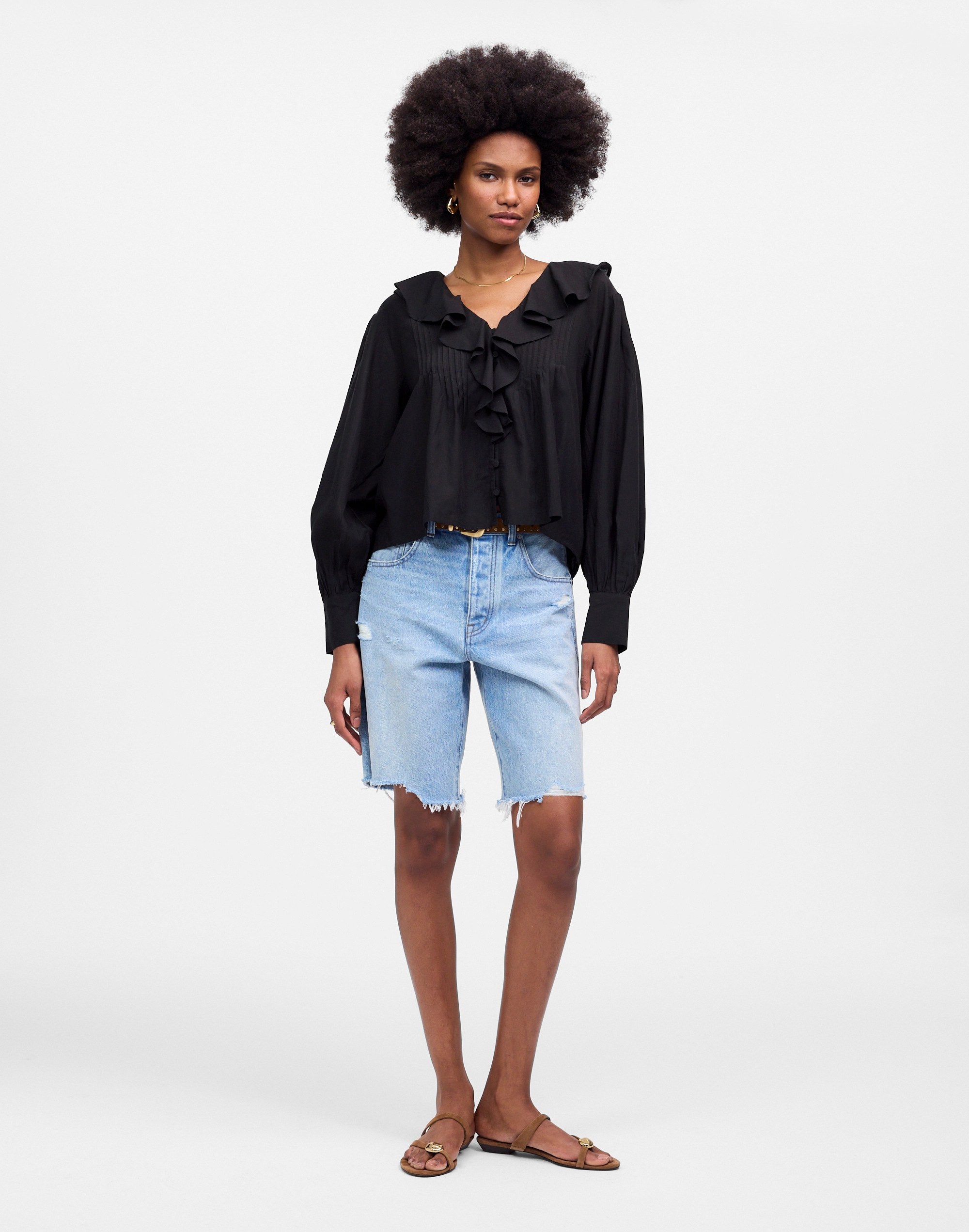 Ruffled Pintucked Long-Sleeve Top
