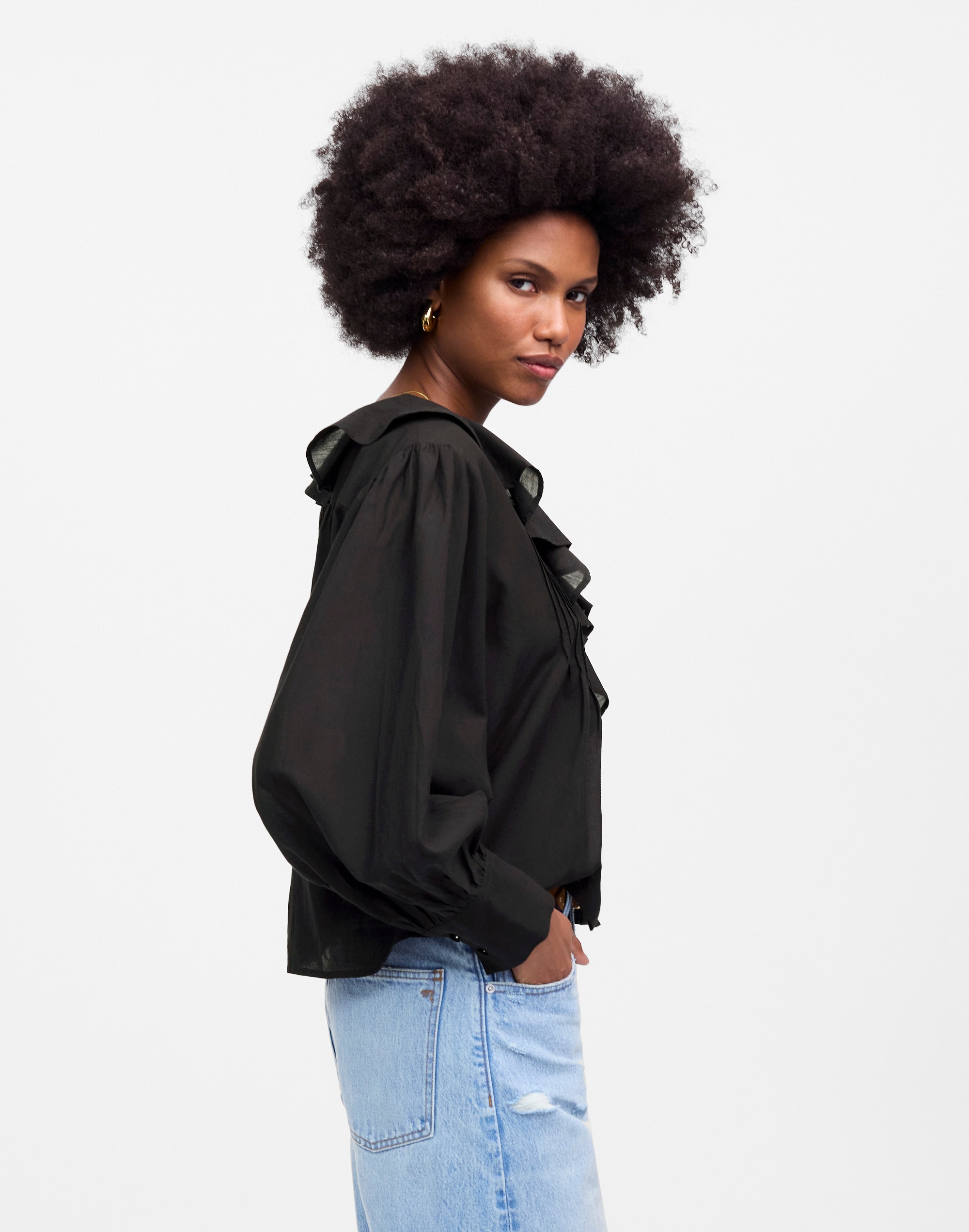Ruffled Pintucked Long-Sleeve Top