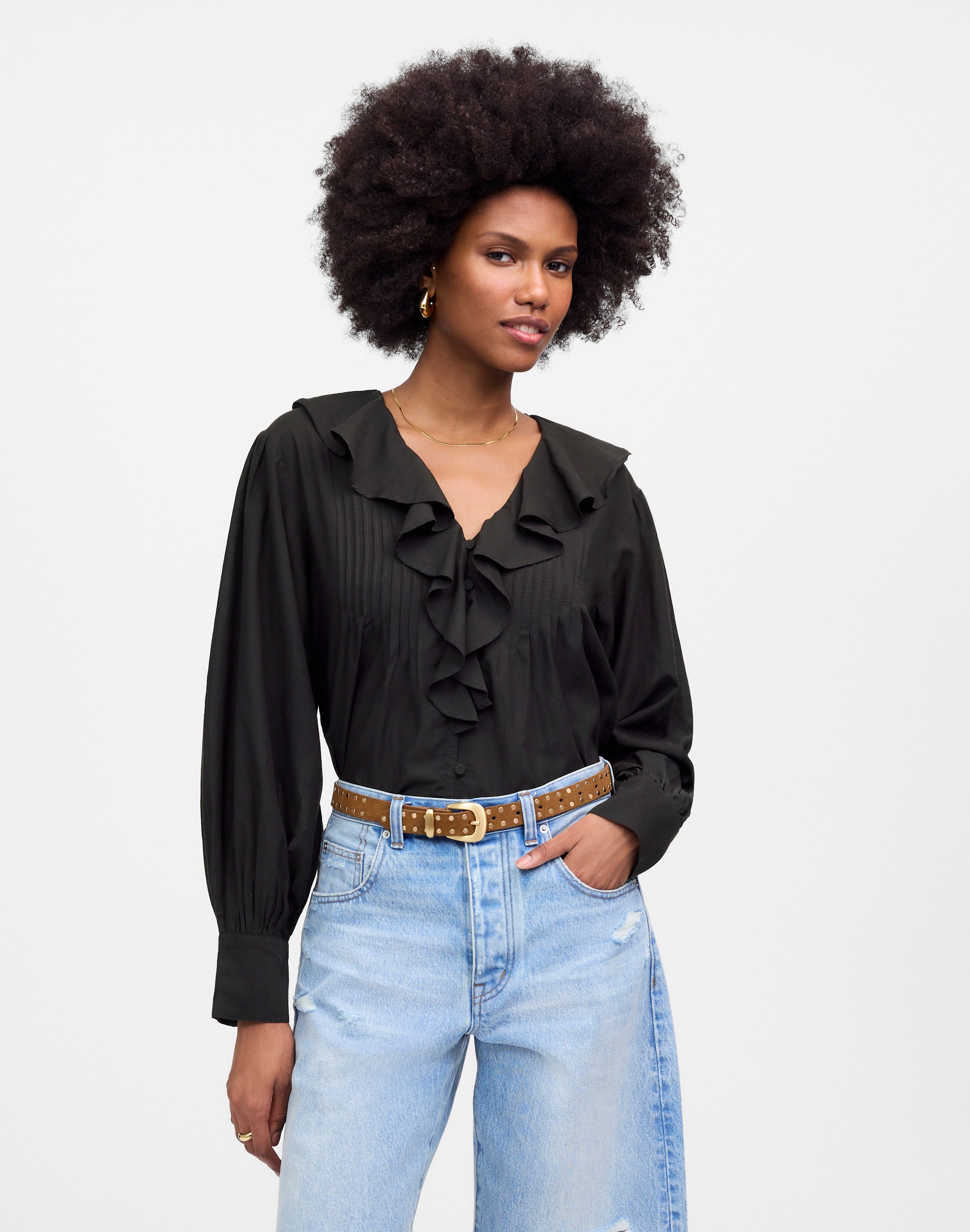 ruffled pintucked long-sleeve top