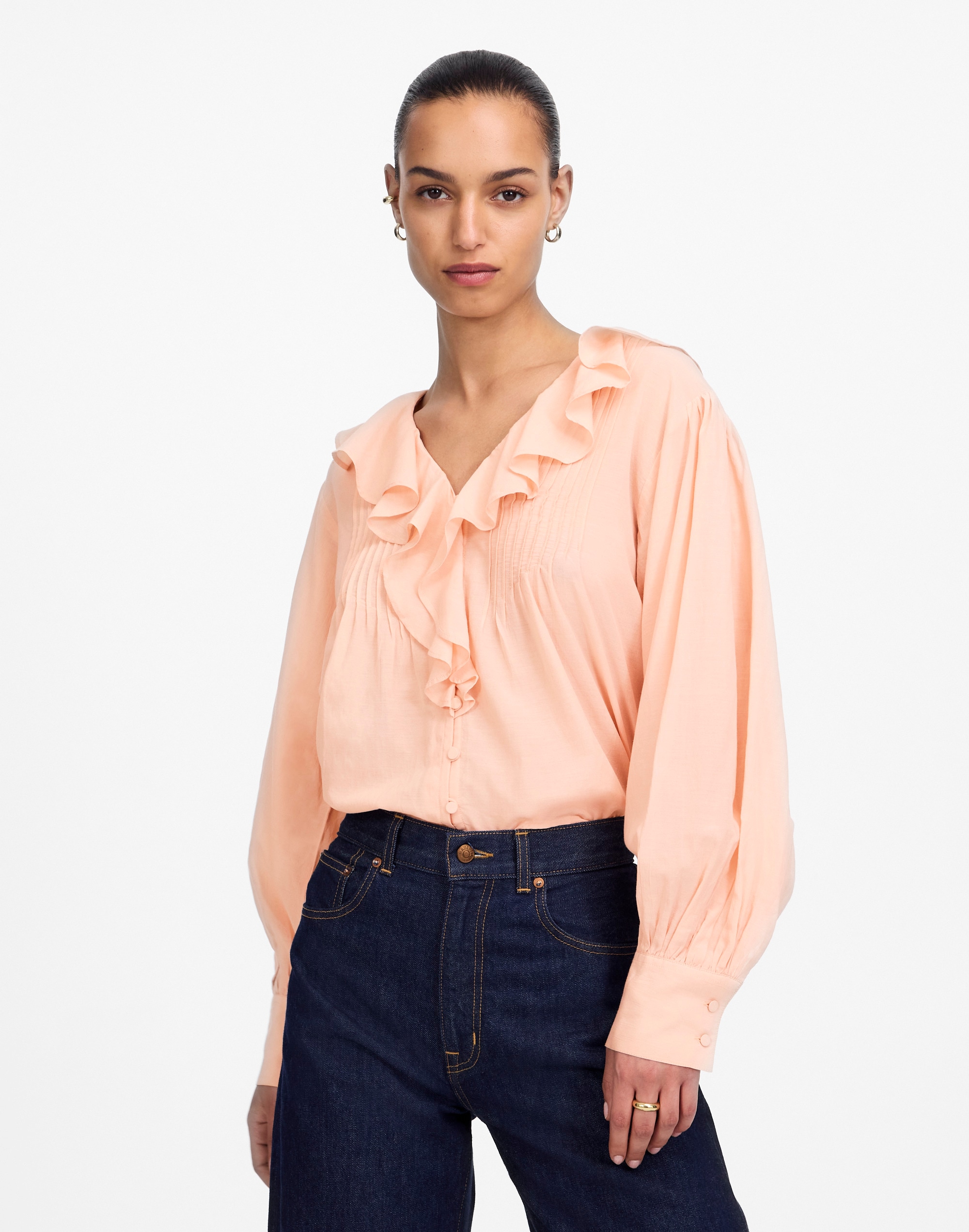 Ruffled Pintucked Long-Sleeve Top