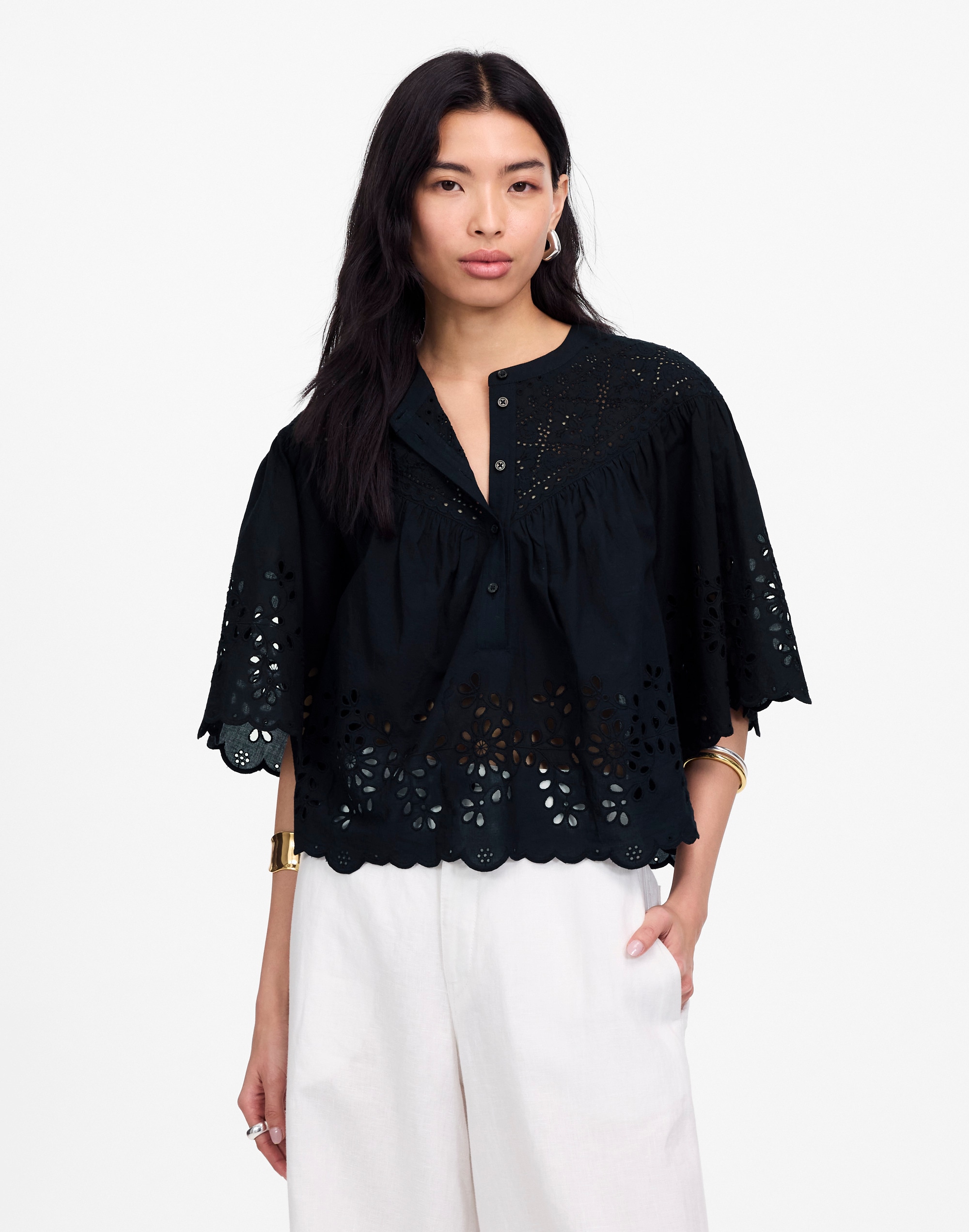 Embroidered Shirred Henley Top