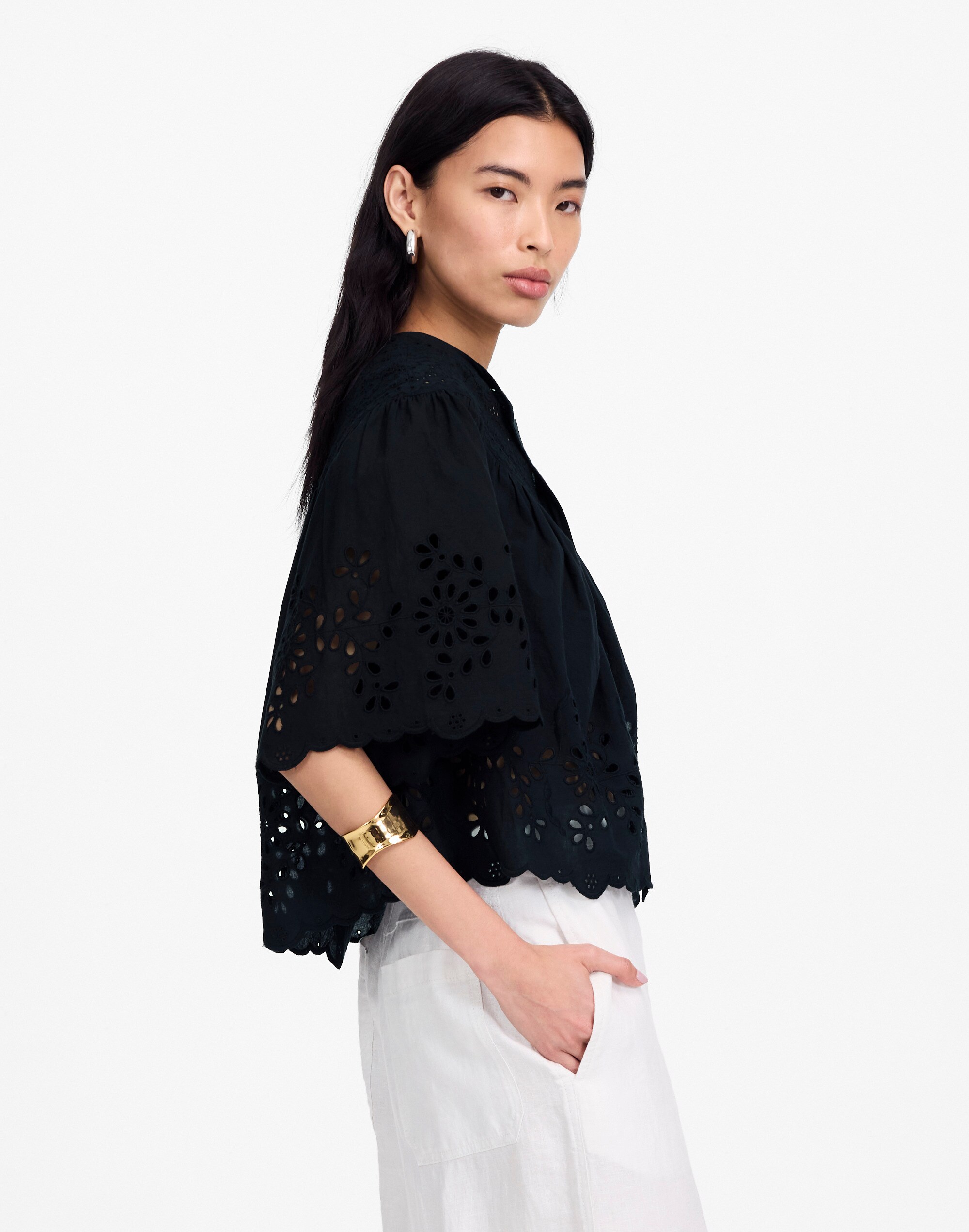 Embroidered Shirred Henley Top