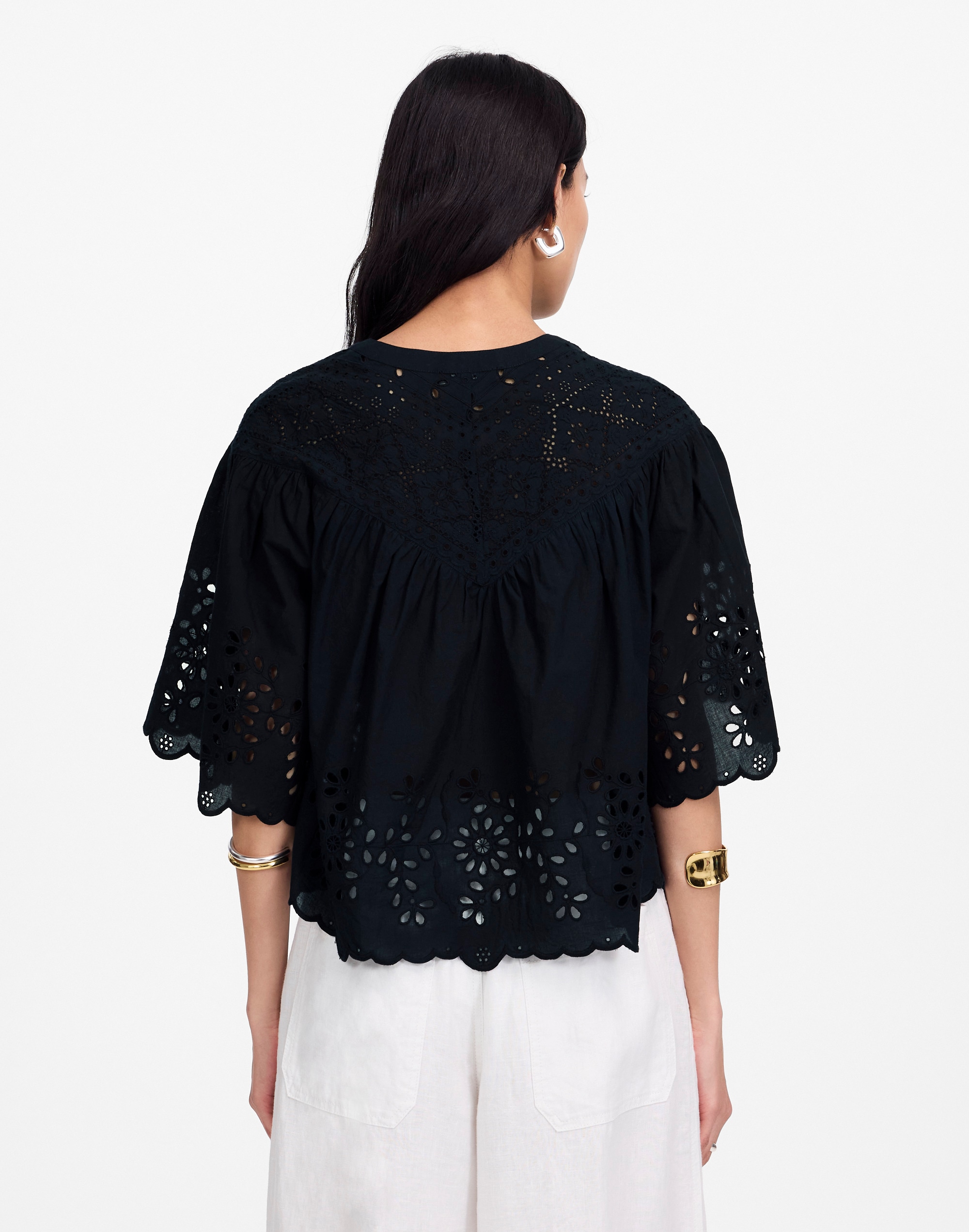 Embroidered Shirred Henley Top