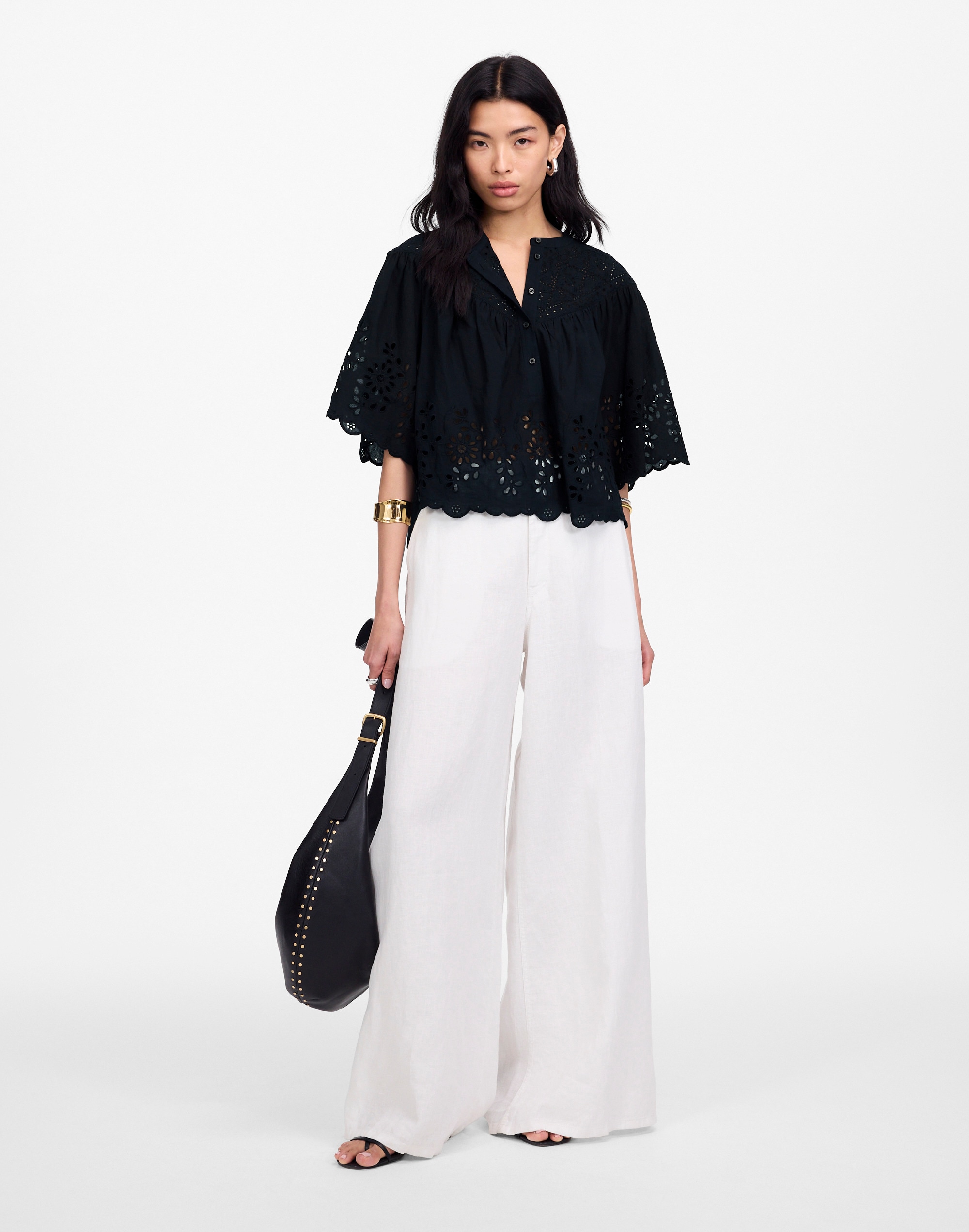 Embroidered Shirred Henley Top