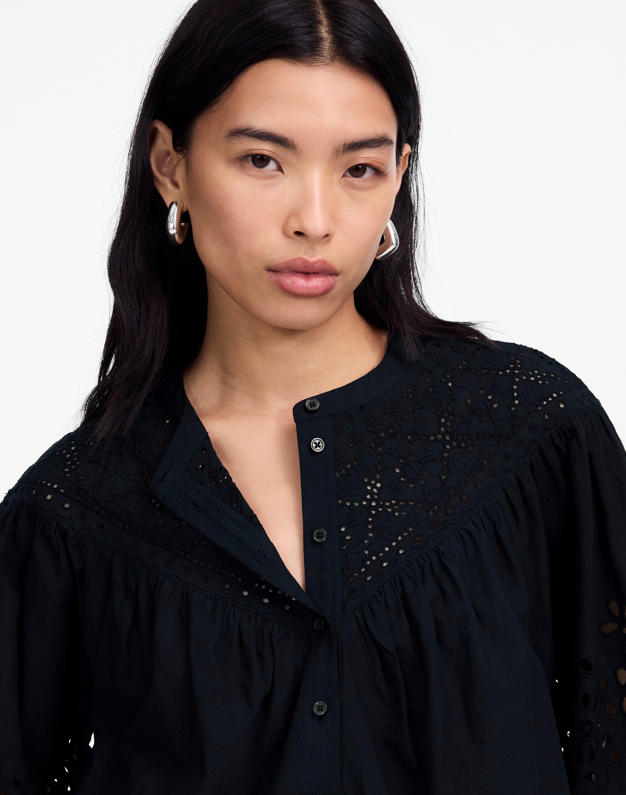 Embroidered Shirred Henley Top