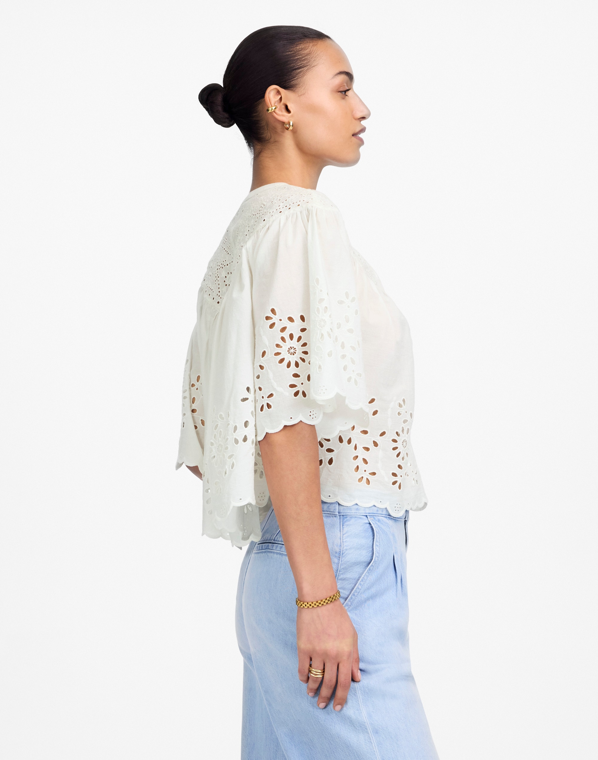 Embroidered Shirred Henley Top