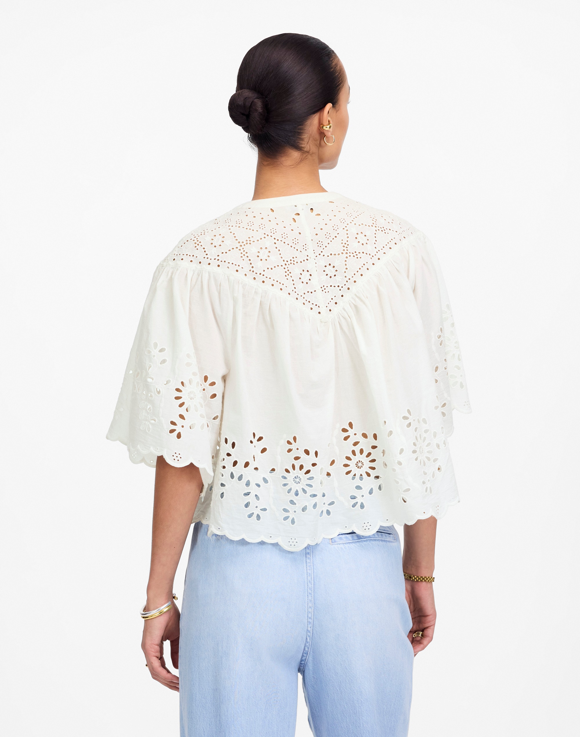 Embroidered Shirred Henley Top