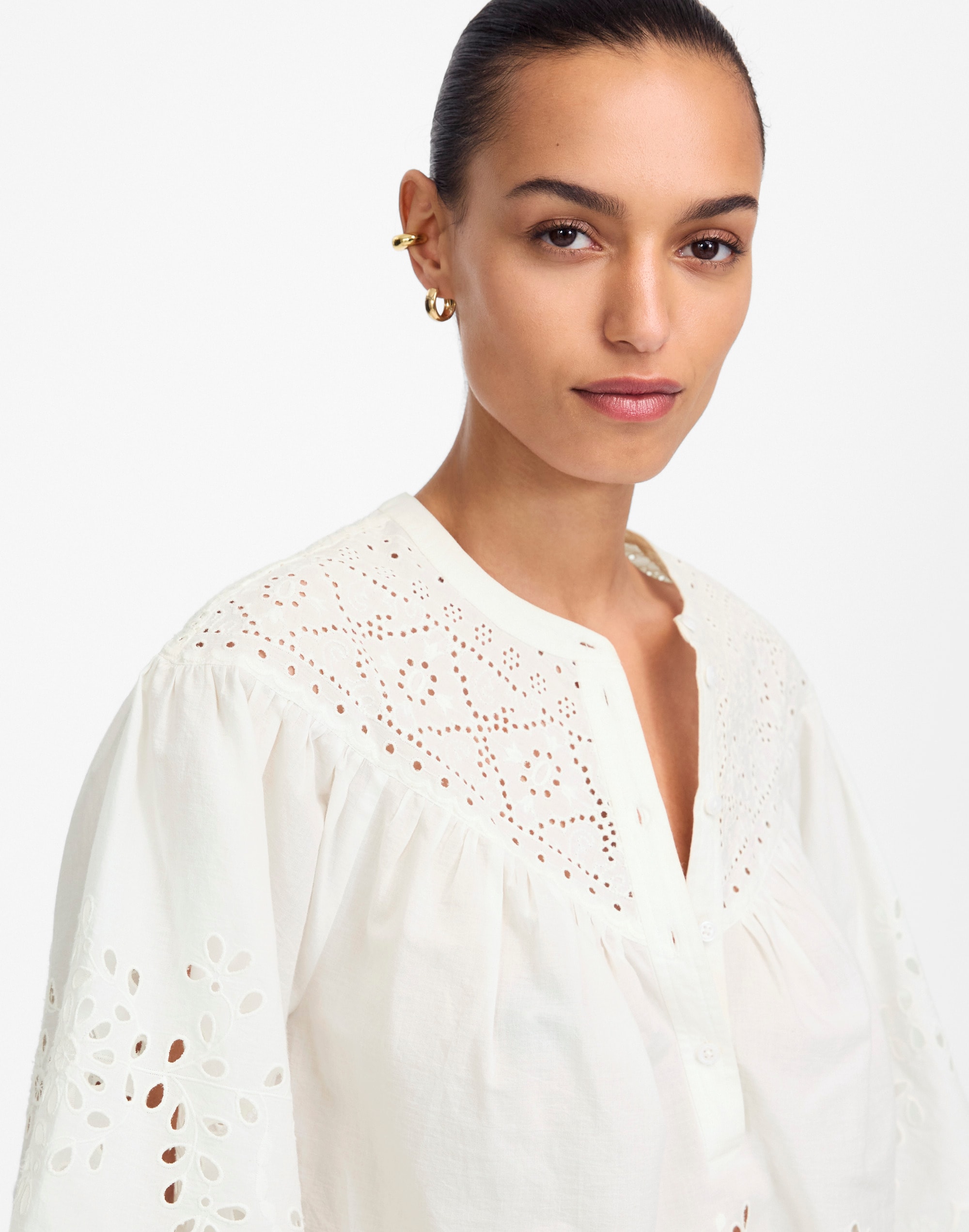 Embroidered Shirred Henley Top
