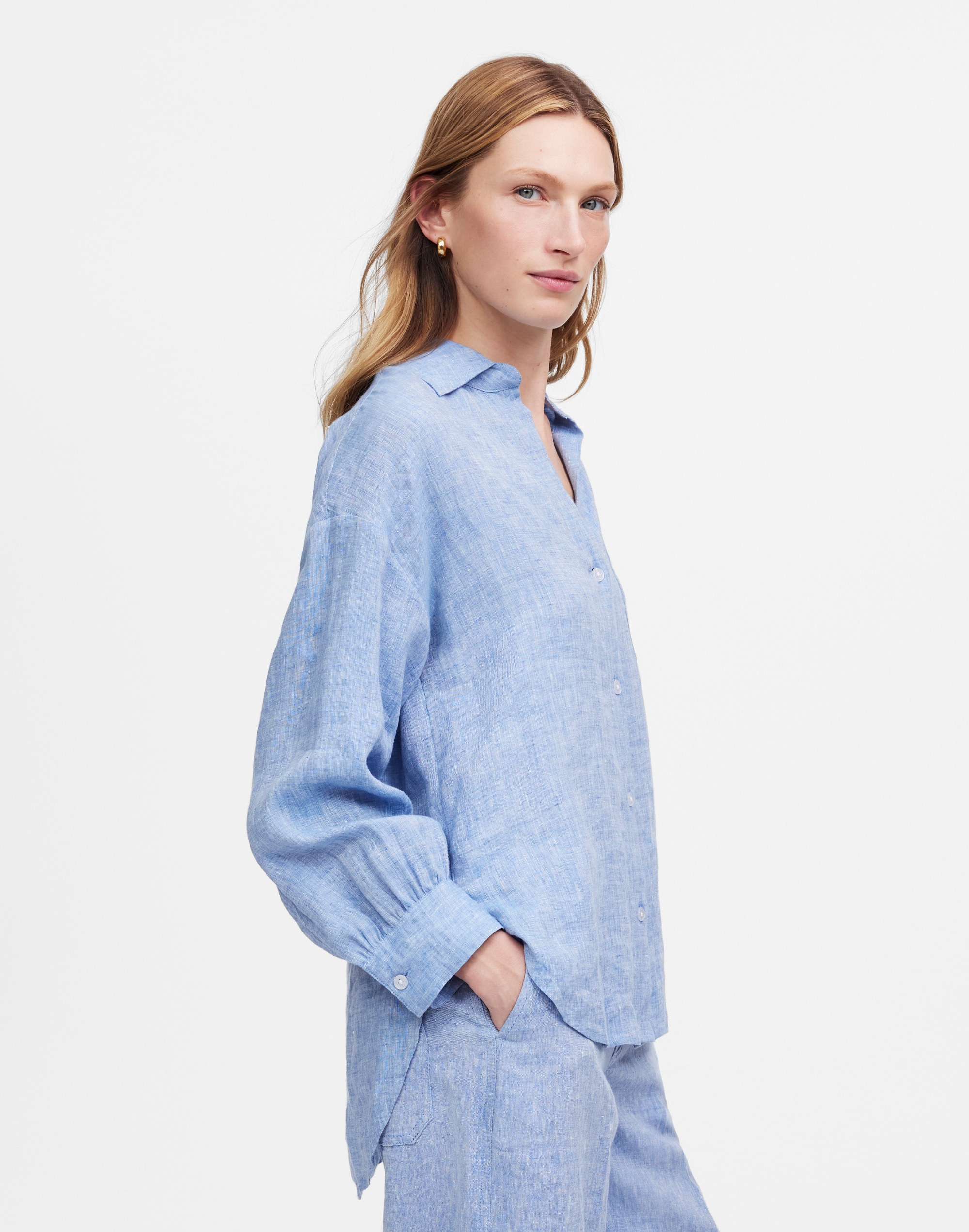 Shirred Button-Up Shirt in Linen-Cotton