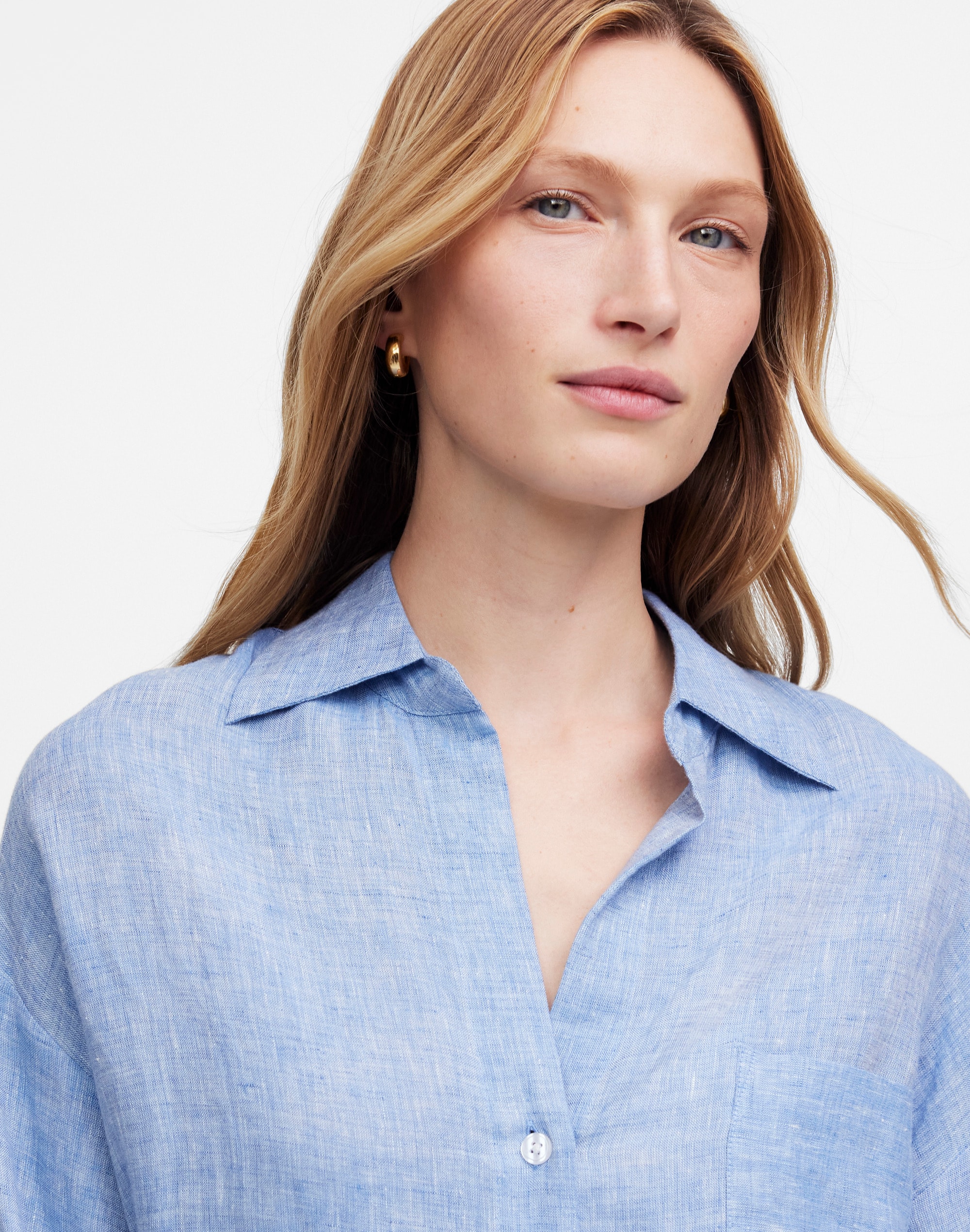 Shirred Button-Up Shirt in Linen-Cotton