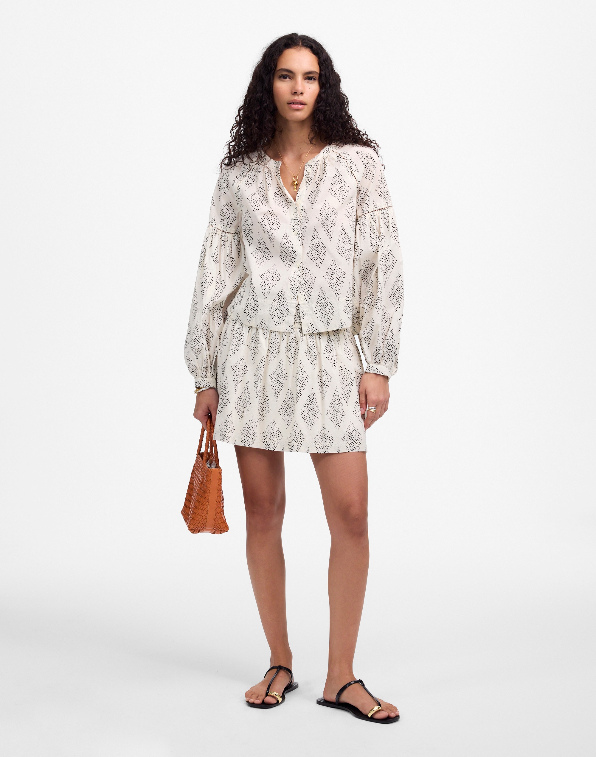 Shirred Balloon-Sleeve Top in Geometric Print